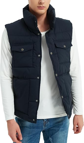 Mens Winter Outdoor Vest Casual Stand Collar Padded Puffer Vest Warm Button Down Sleeveless Jacket