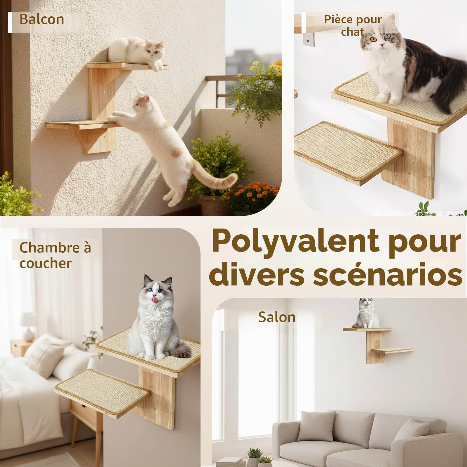 Arbre à Chat Mural en Bois Massif avec griffoir en sisal et 2 Plateformes
