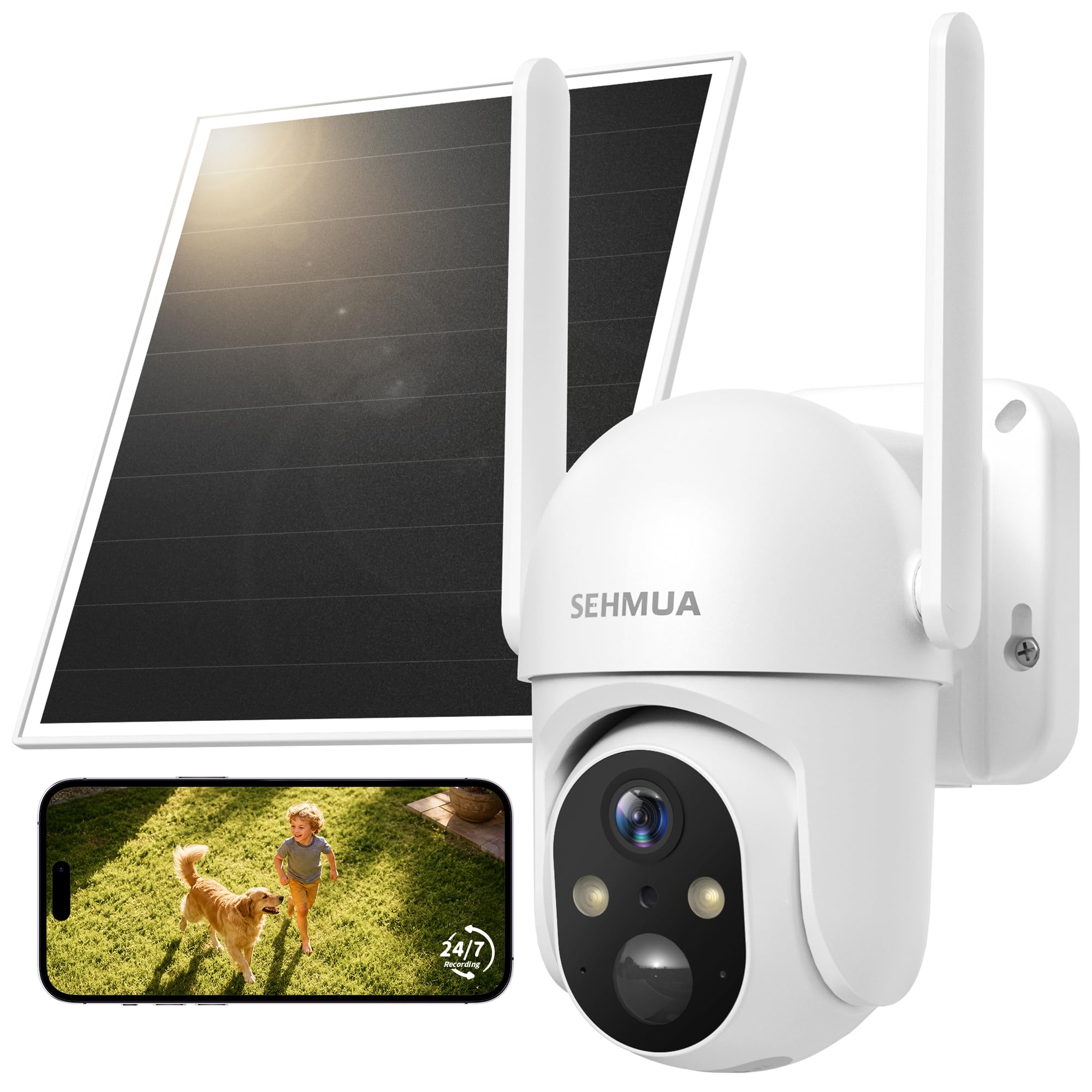 SEHMUA Telecamera con SIM 4G da Esterno con Pannello Solare senza Fili 24/7 | AOV Telecamera con Pannello Solare 7W, Rilevamento AI, Batteria 10400mAh, Visione Notturna a Colori, Audio Bidirezionale-eSIM