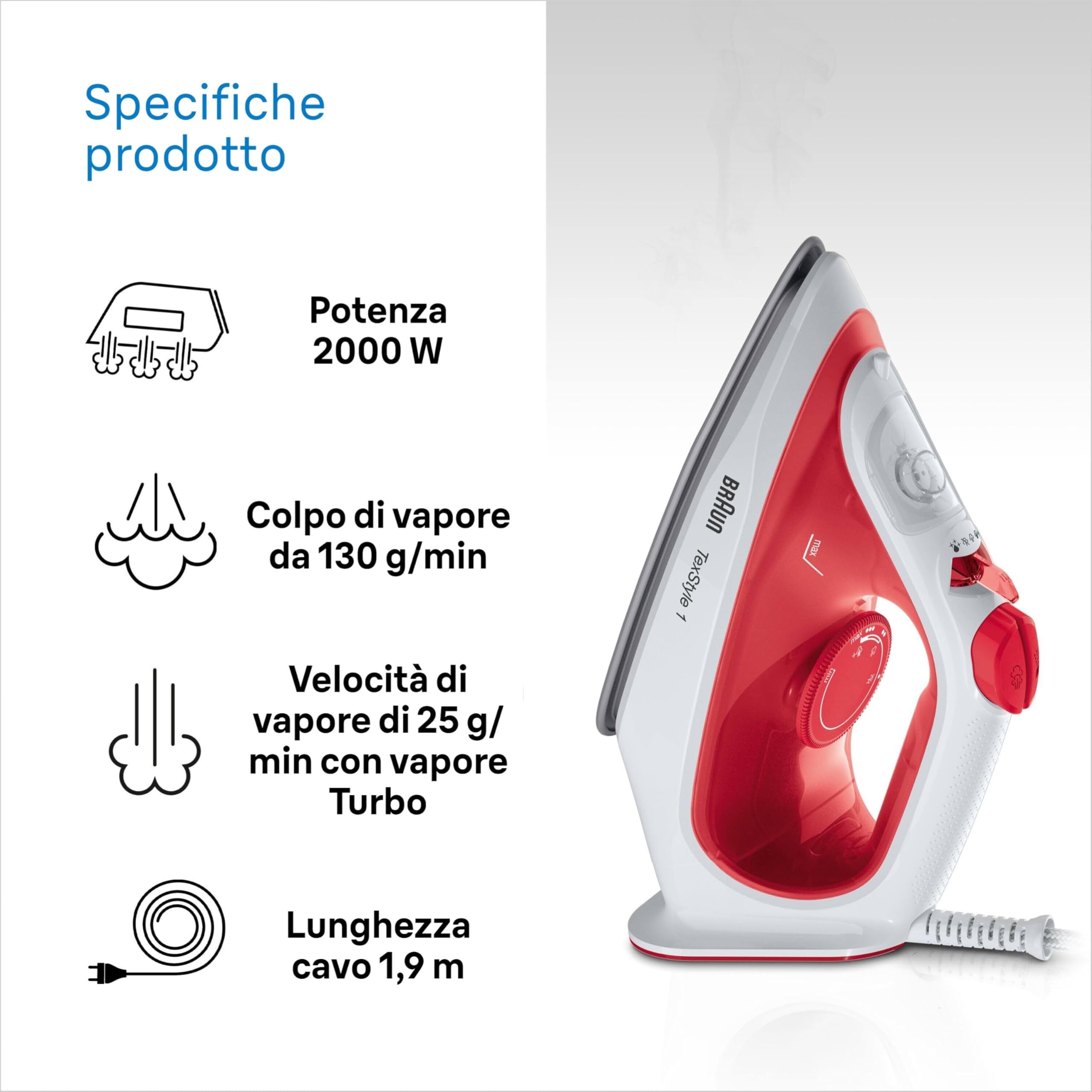 Braun TexStyle 1 SI 1019, Ferro da stiro a Vapore, Rivestimento Antiaderente, Termostato, 25g/min in modalità Turbo, Capacità Serbatoio Acqua 220ml, 1900W, Rosso/bianco