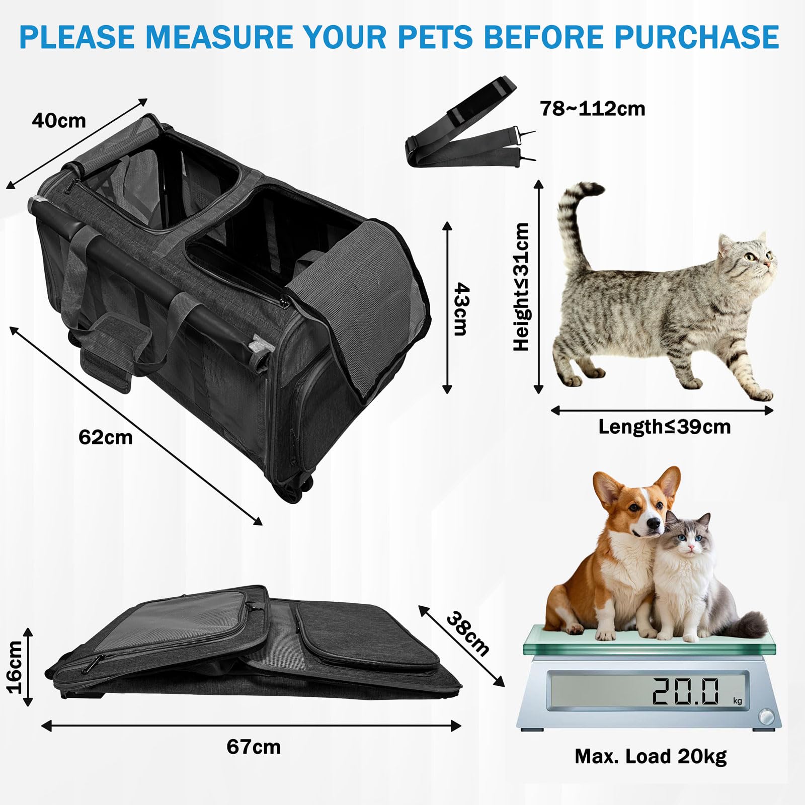 Trasportino per 2 Gatti/Cani, con 2 Cabine + 4 Ruote + Manico Telescopico, Trasportino Pieghevole per Gatto Grande fino a 20 kg, Ideale per Visite Veterinarie, Viaggi in Auto (Nero)