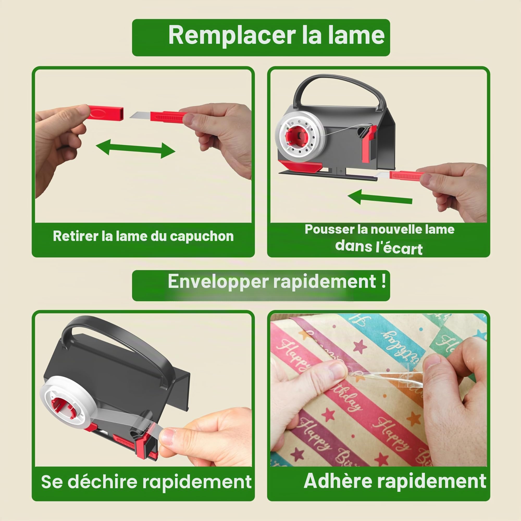 Quuylin 2Pcs Coupe Papier Cadeau, 2 lames et 4 rubans adhésifs | Massicot Rouleau de Papier Cadeau de Noël, Massicot Remplaçable, Pour le Papier Cadeau, Noël, Emballage Cadeau