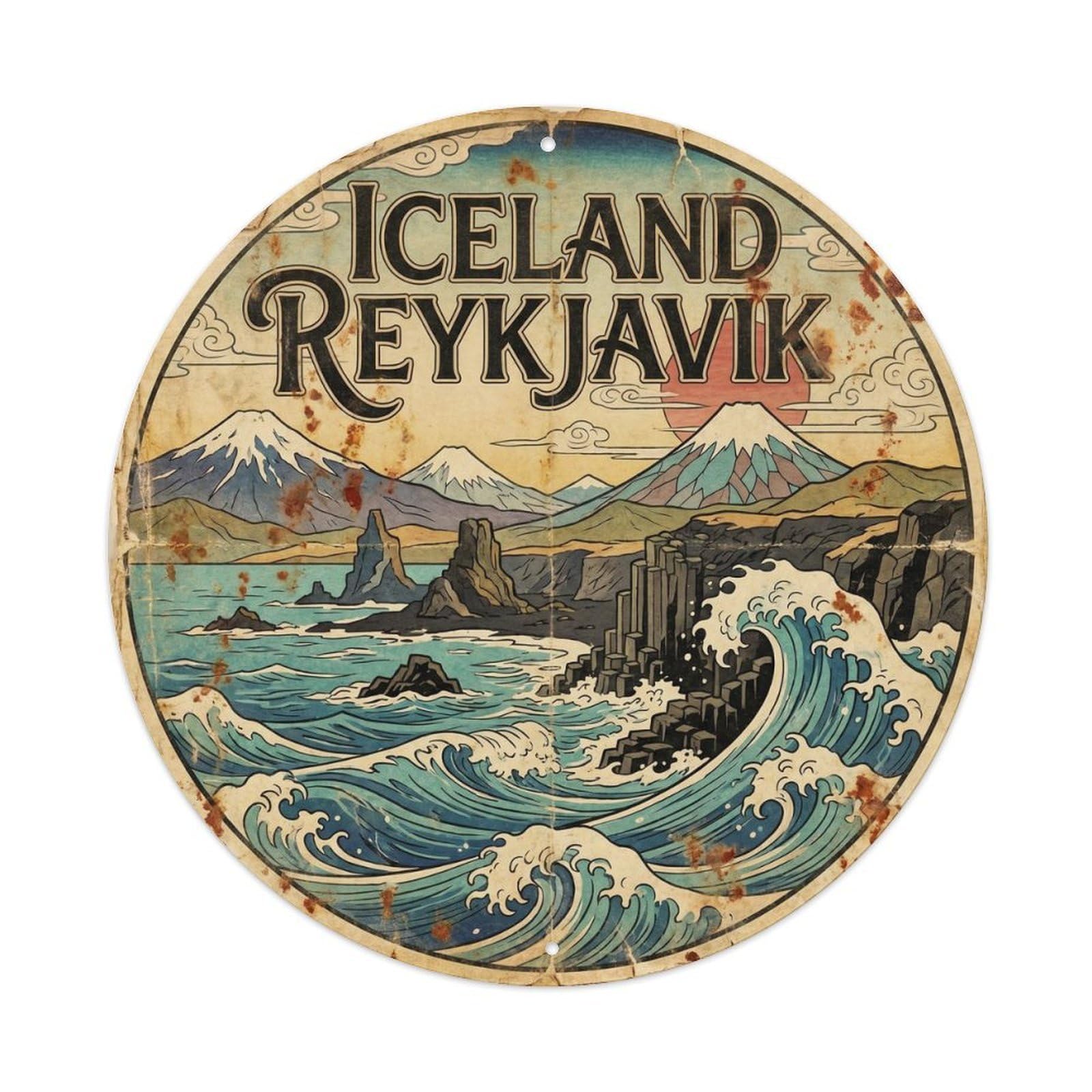 Iceland Reykjavik Ocean Coast Classic Illustration Metal Tin Sign