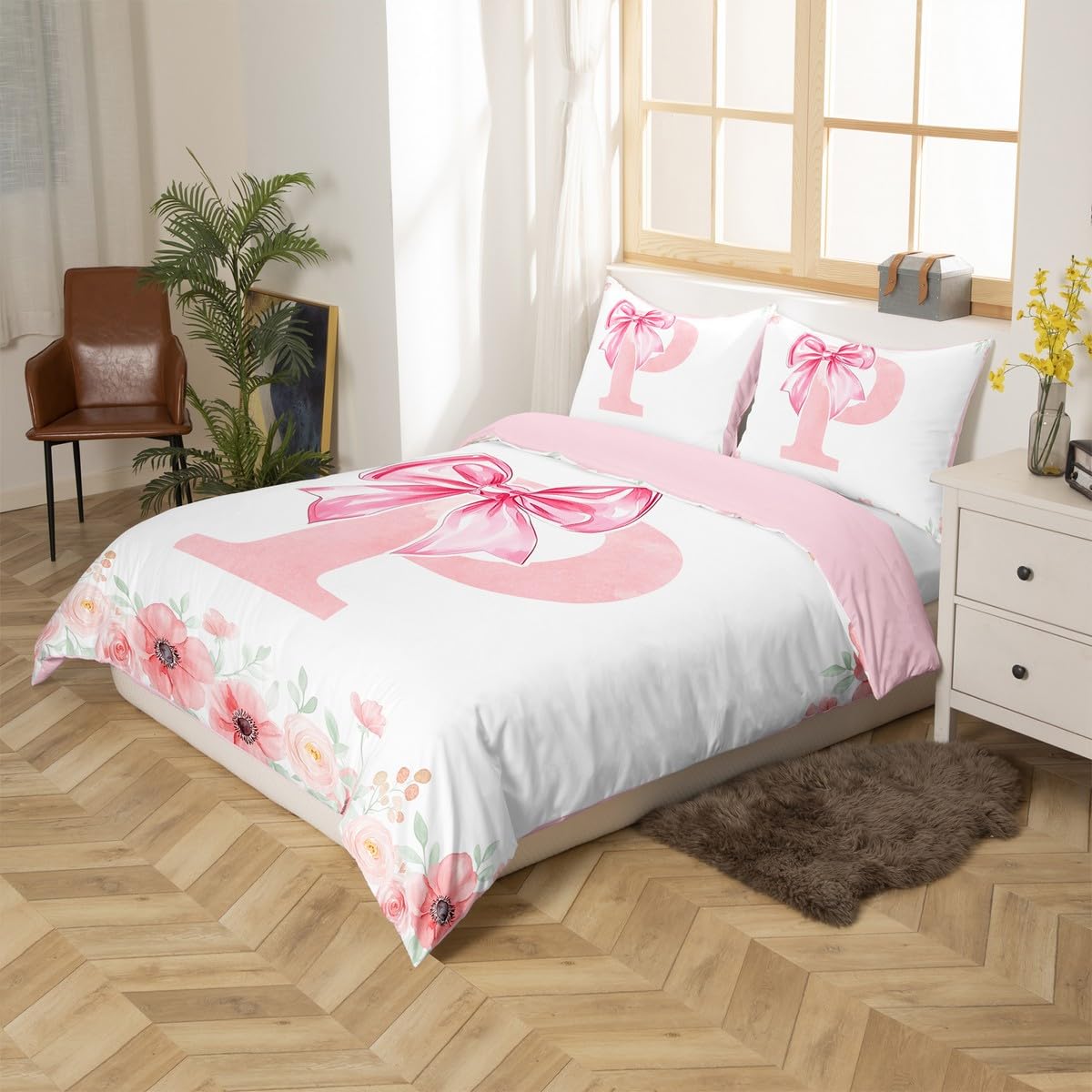 Initial Letter P Bow Bedding Sets For Kids Girls Teen Women,Pink Girly Bowknot Duvet Cover Single Cute Fantasy Princess Bed Set Romance Flower Floral Comforter Cover Zipper Closure - Image 3