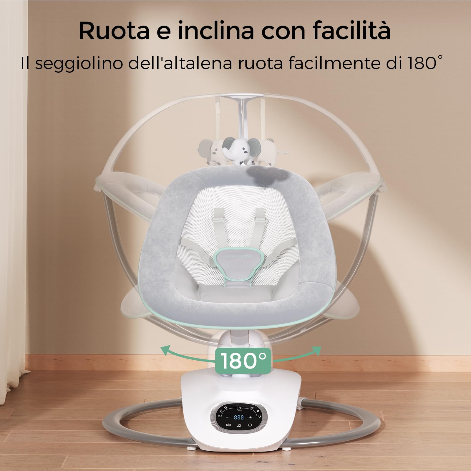 Momcozy CocoSway - Dondolo elettrico 3D-Motion per neonati e bambini, 6 modalità, 4 velocità, sedile girevole 180°, telecomando, lettini e altalene, 5 imbracature, 8 ninne, grigio