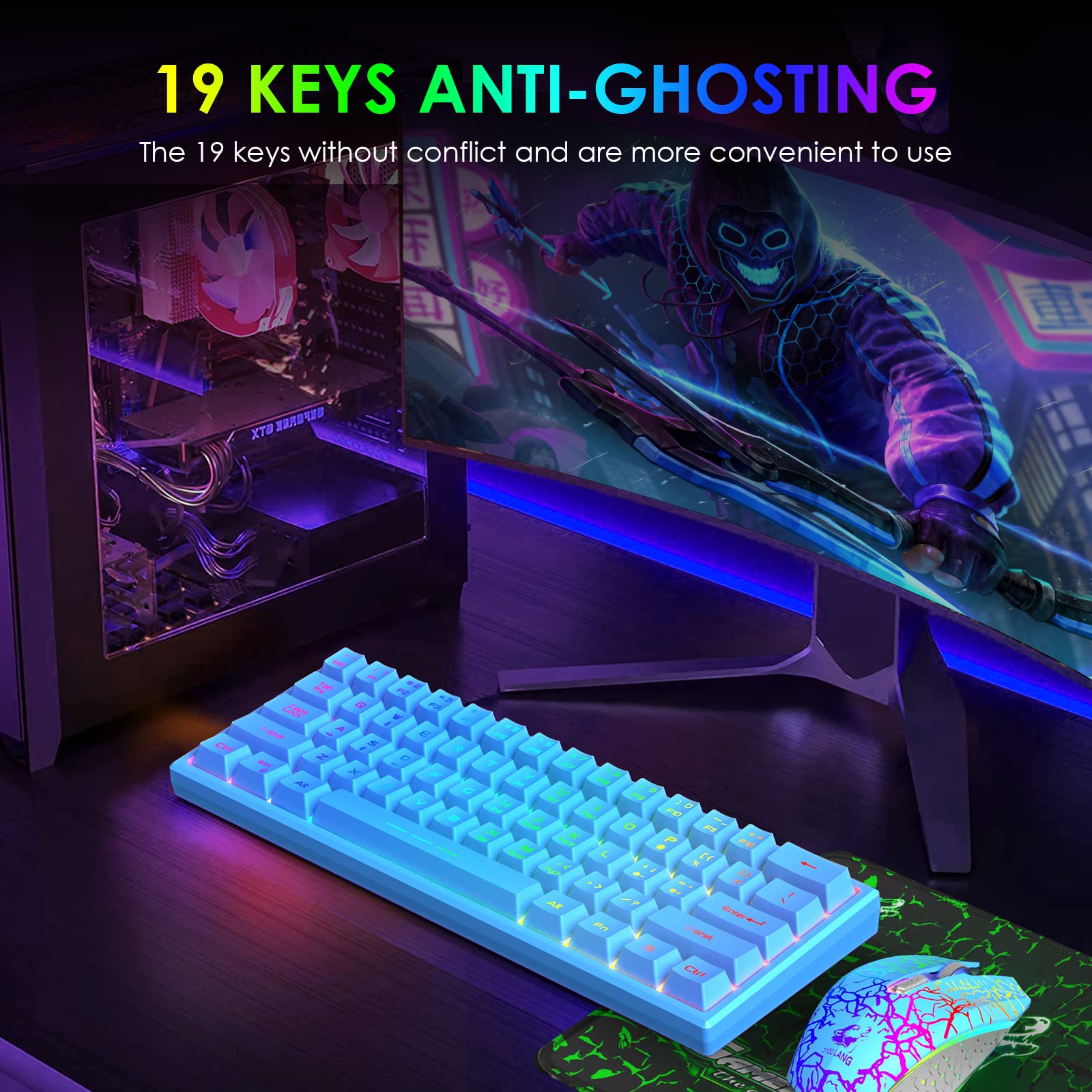 60% Kabellos Gaming Tastatur und Maus Combo Set 2,4 GHz Wiederaufladbare 3800 mAh 61 Tasten Kompakttastatur mit Rainbow LED Hintergrundbeleuchtung + 2400 DPI 6 Tasten Rainbow LED Silent Mouse (Blau)