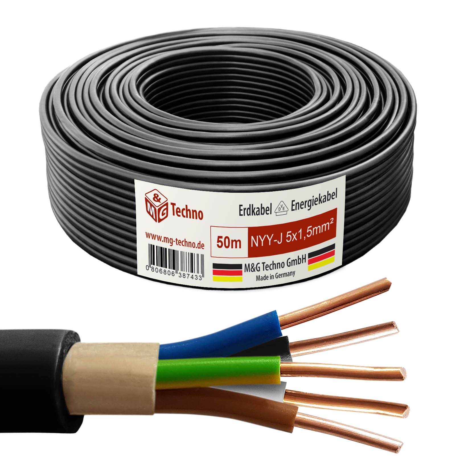 M&G Techno 50m NYY-J 5x1,5 mmІ Erdkabel Elektrokabel Beton und Freien Kupfer, schwarz, 10660
