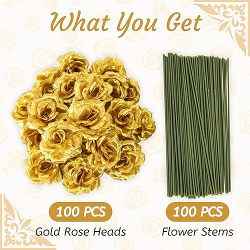 Miniatura 3 de Youeon 100 Pcs 3.5 Inch Gold Artificial Rose Heads with Stems, Silk Rose Faux Flower Heads Bulk for DIY Wedding Bouquets, Party Table Centerpieces,