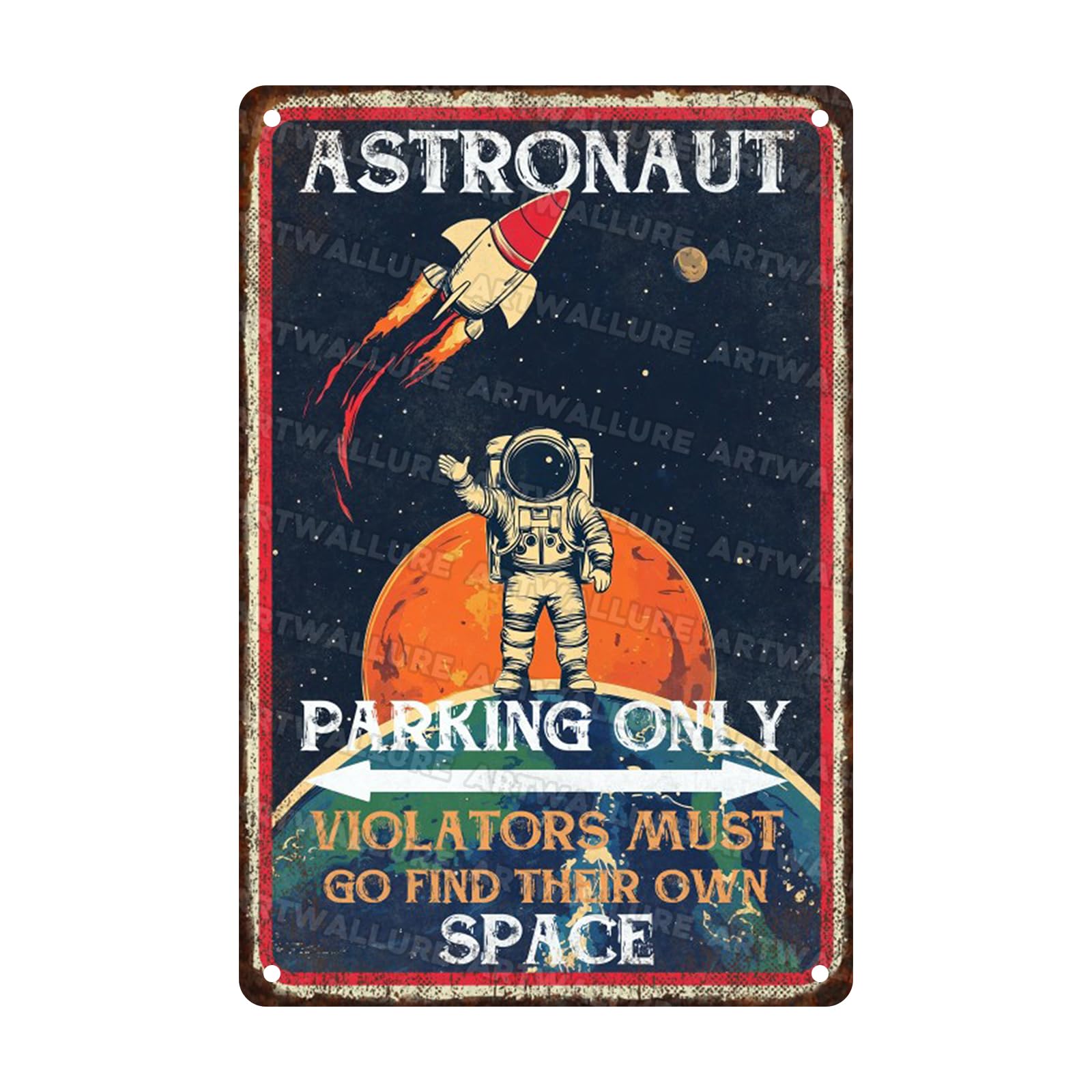 Astronaut Parking Only Metal Sign Playroom Vintage Decor Sign for Planet Decoration 8x12inch