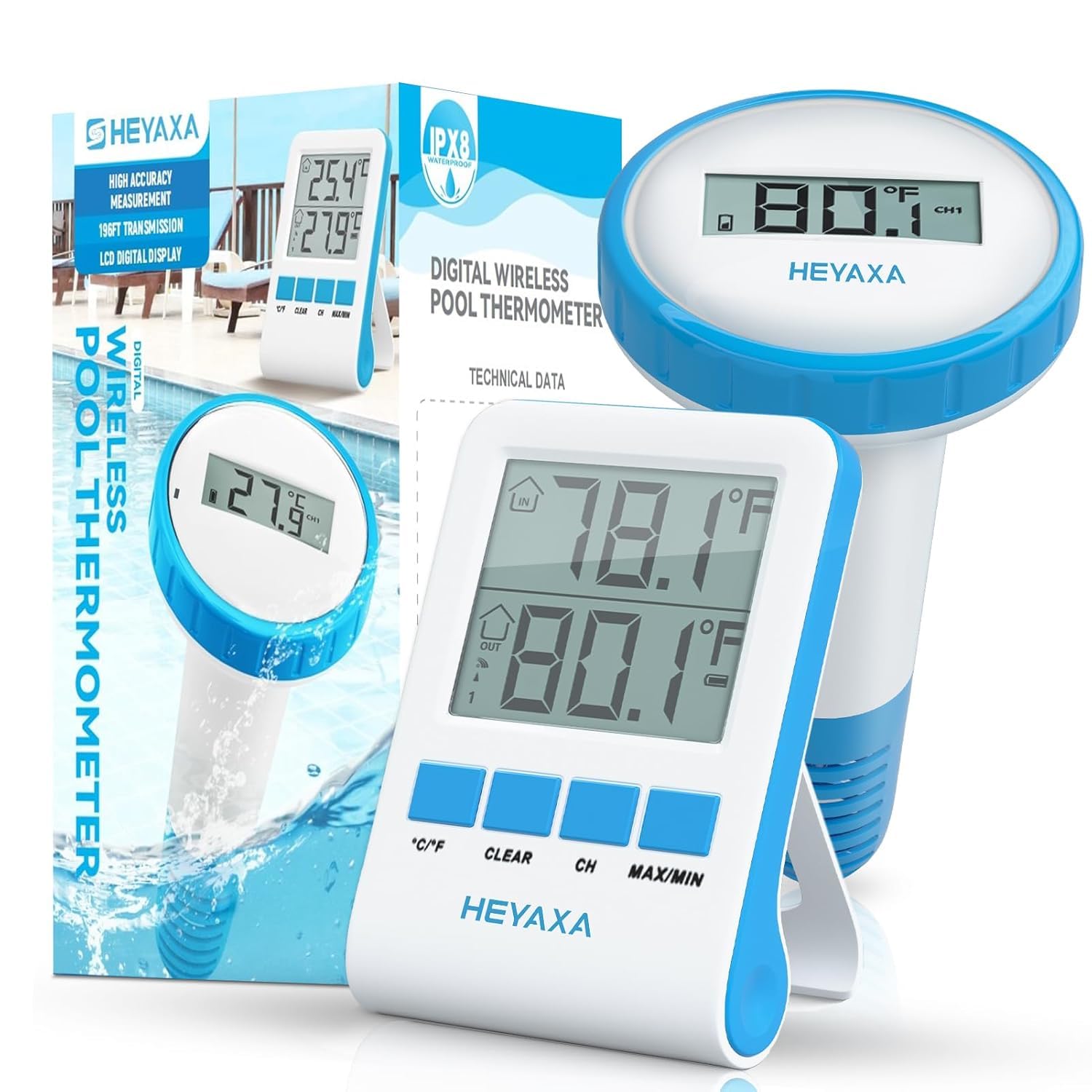 Digital Pool Thermometer Floating Easy Read IPX9 Waterproof Wireless Water Thermometer with Indoor Temperature Monitor for Swimming Pool, Bathtub,