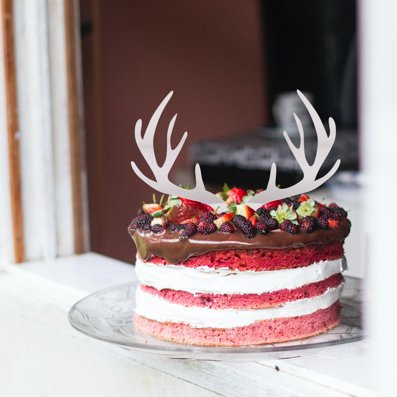 Christmas 5pcs Antlers Happy Birthday Cake Topper Reindeer Antler Acrylic Cake Topper for Xmas Birthday Wedding Party Supplies Sliver Christmas Antlers