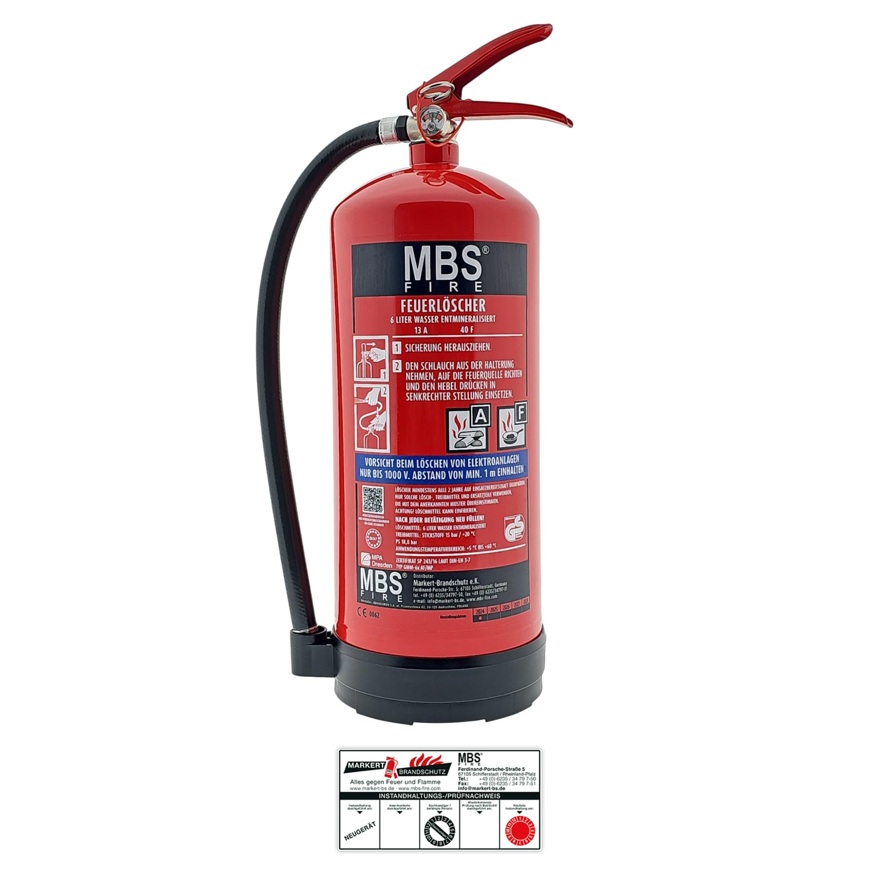 MBS FIRE - Estintore a nebbia d'acqua – 6 litri – Per le classi di incendio A, F – Con pratico supporto a parete – Incl. etichetta di garanzia aggiornata