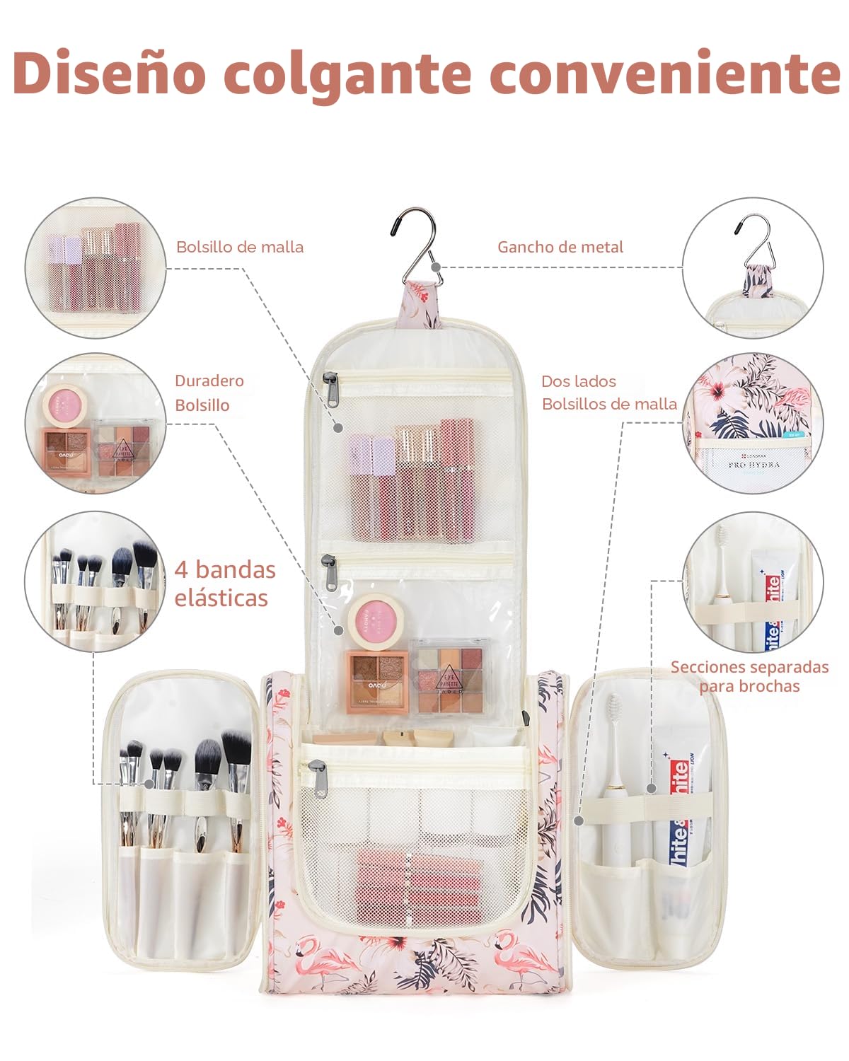 Narwey Neceser Mujer Bolsa de Aseo Colgante, Organizador de Maquillaje Neceser Viaje para Hombre y Mujer Accesorios de Viaje (Flamenco Beige(Grande))