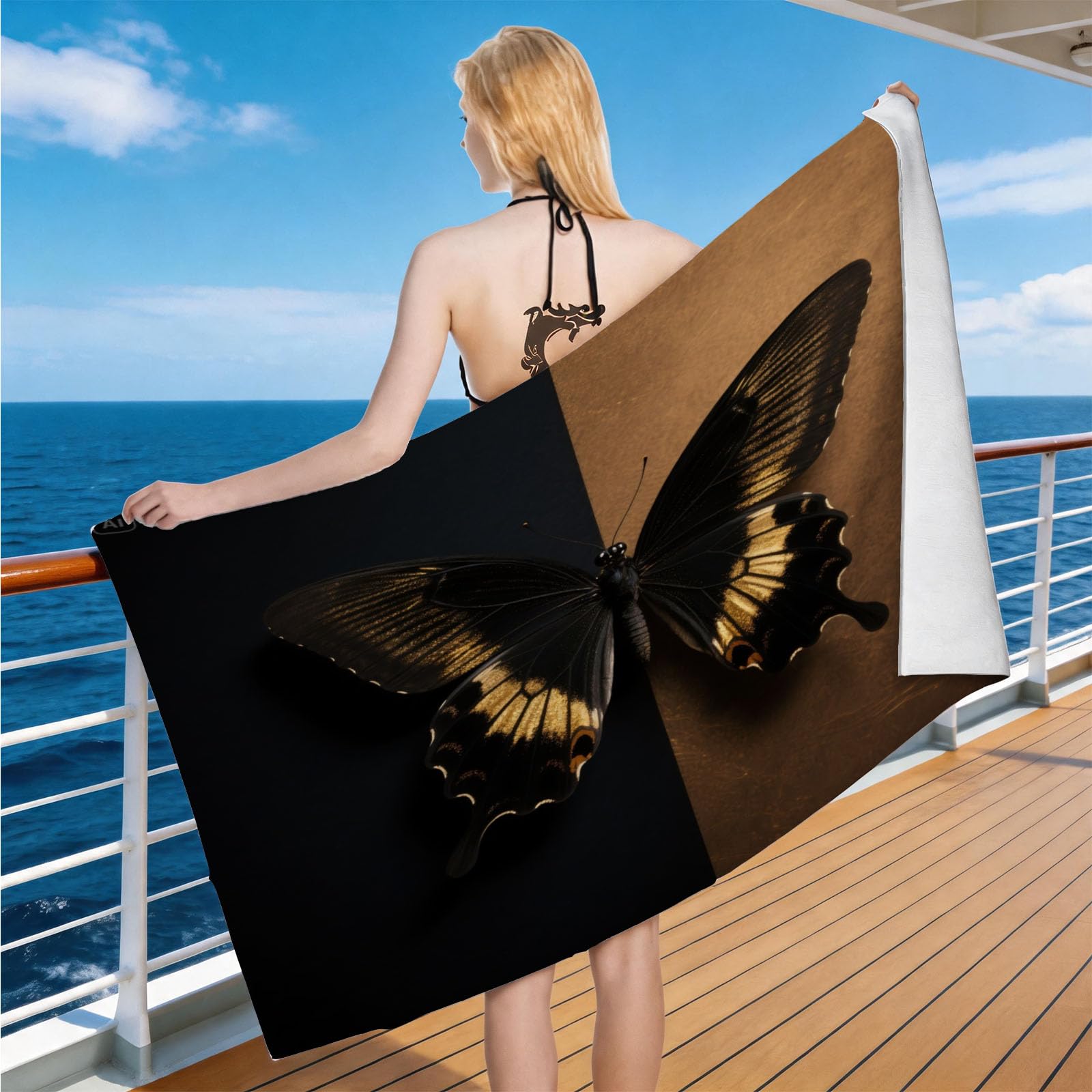 Hongduo Microfiber Quick Dry Beach Towel Black Gold Butterfly, 3D Simple Themed Beach Towels Absorbent Fast Drying Bath Towels, Travel Camping Gym Swimming Bathroom (90x180cm)