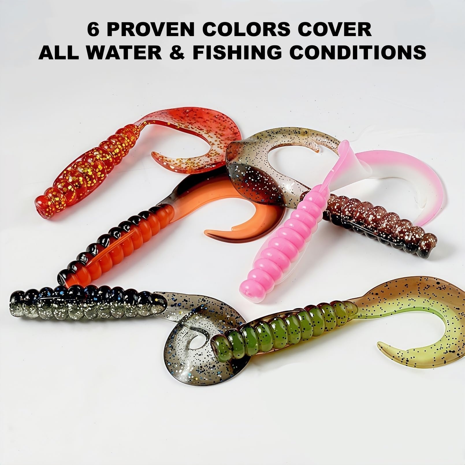 Lot de 90 leurres de pêche souples à queue bouclée de qualité supérieure - Assortiment de 6 couleurs pour bar, truite, crappie Bluegill - Disponible en 5,6 cm (90 pièces) / 7,6 cm (60 pièces) - Appâts