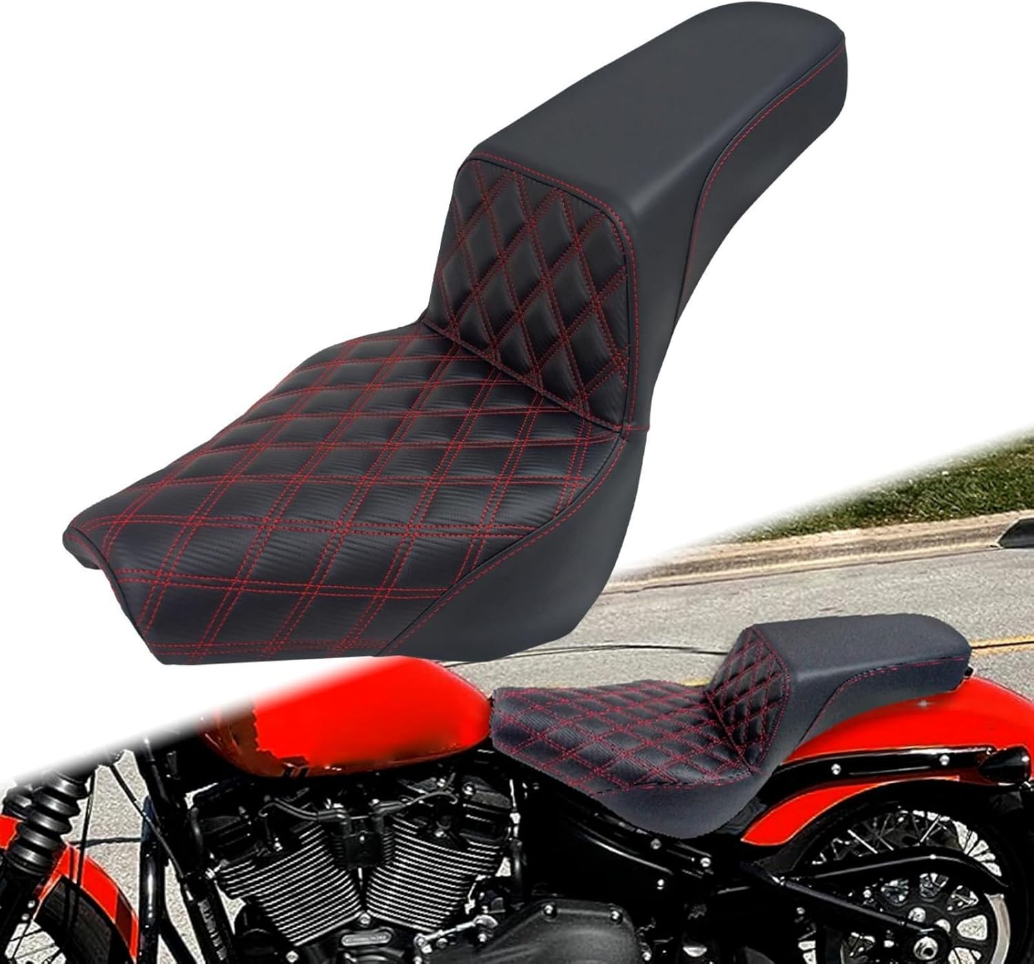 One-Piece Driver Passenger Seat Motorcycle 2-Up Seat Fit for Harley Softail Standard FXST Slim FLSL Deluxe FLDE Street Bob FXBB Heritage Classic FLHC 2018-2025 (Red Stitching)