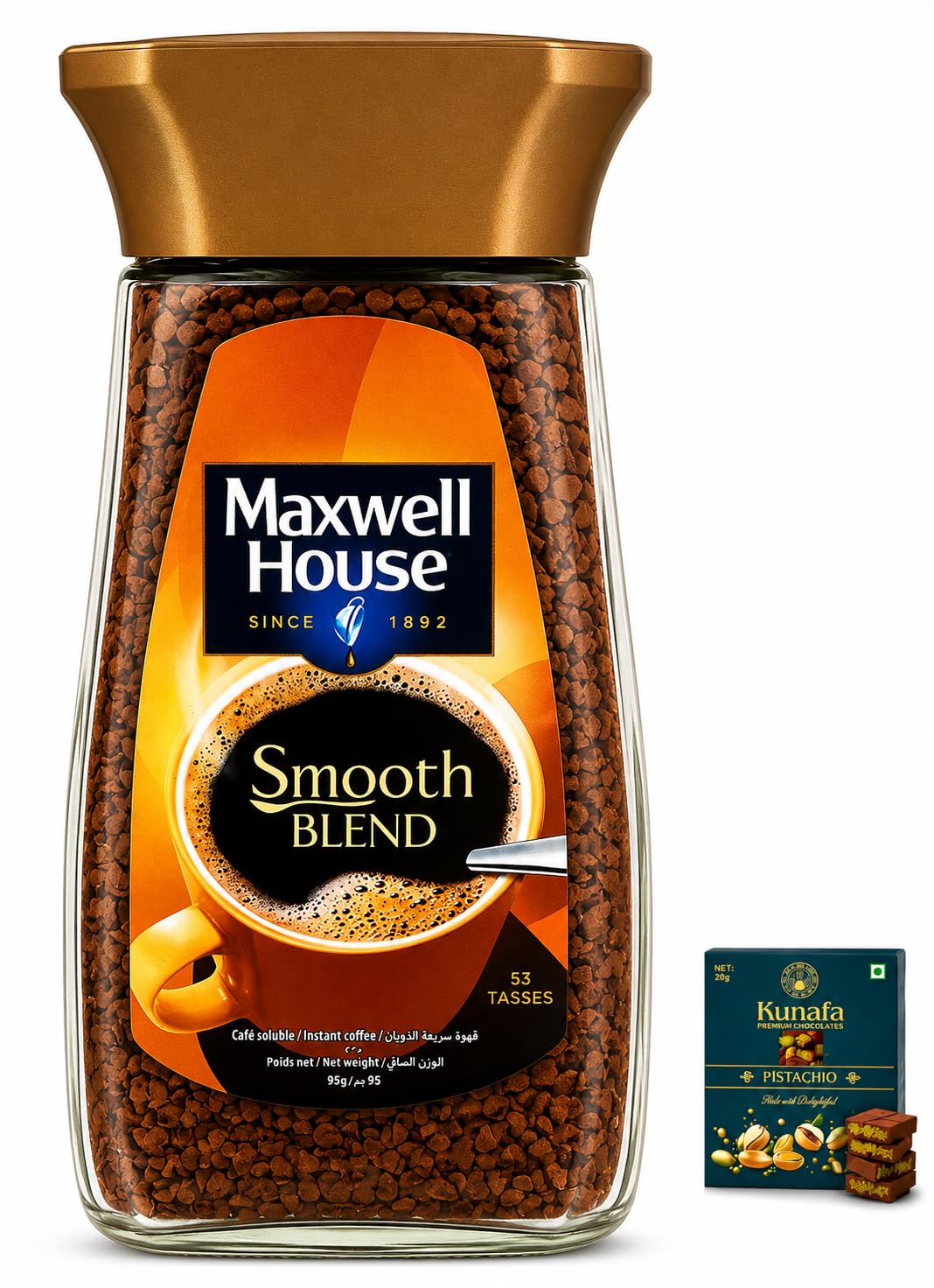 Maxwells House Smooth Blend Instant Coffee, 95g With Free Flavourito Kunafa Pistachio Chocolate Bar 20g By Decadent Foods (Imported Morocco)-picture-23