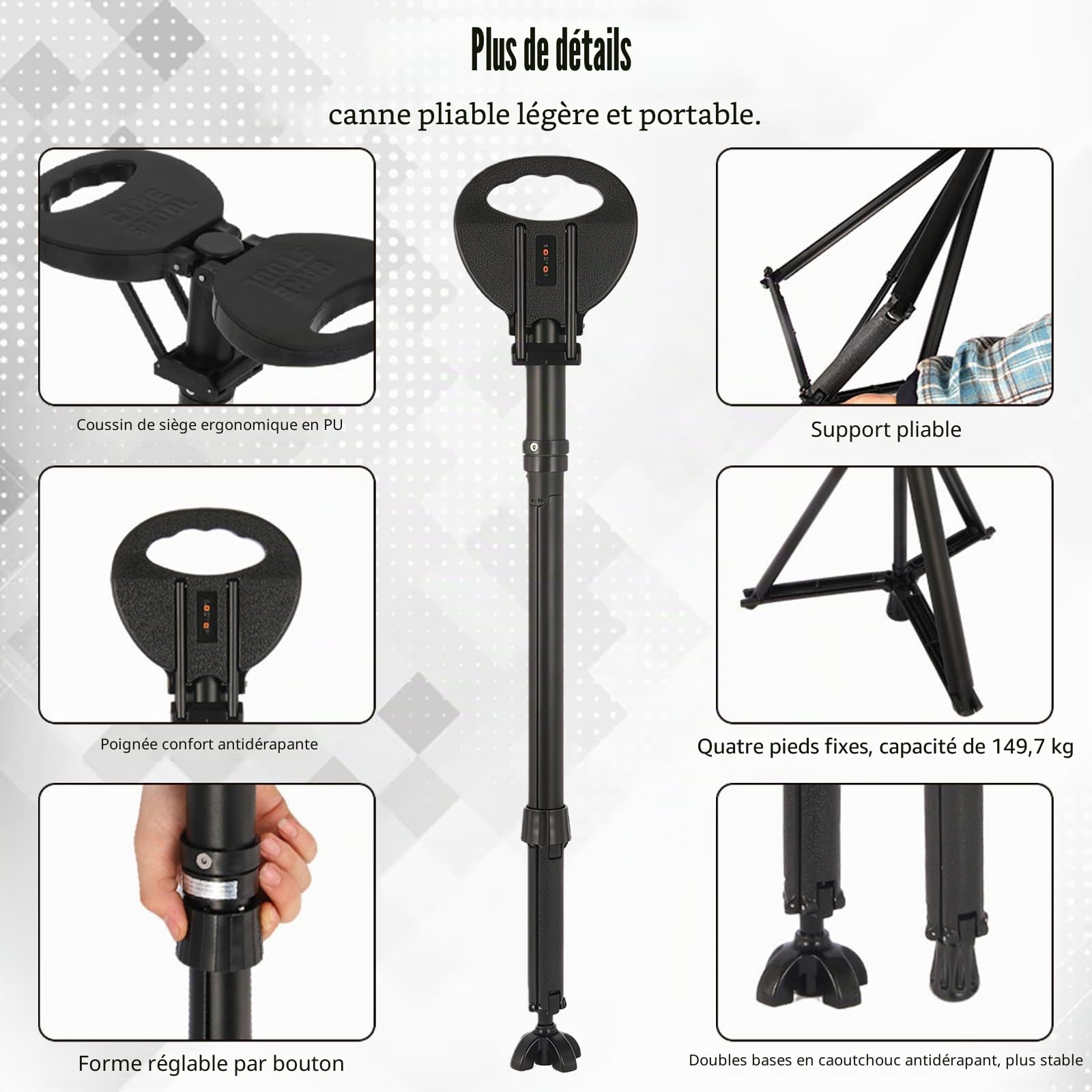 Canne de Marche avec siège pour Personnes âgées et Adultes Canne | de marche portable pliable avec sac de transport, canne de randonnée réglable en hauteur avec capacité d'assise de 250 kg