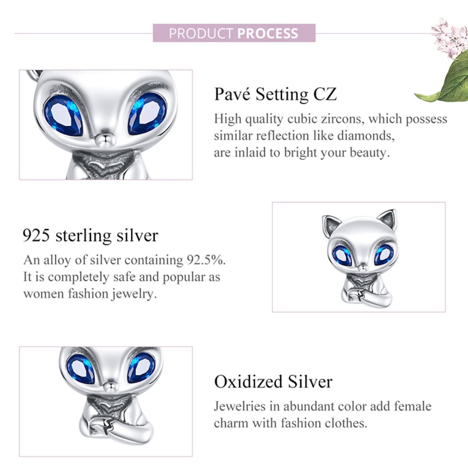 ZYYDMMB Charms Donna Argento Sterling 925 Vivace Piccola Volpe Ciondolo Zircone per Braccialetto Braccialetto Fai da Te Gioielli Regalo