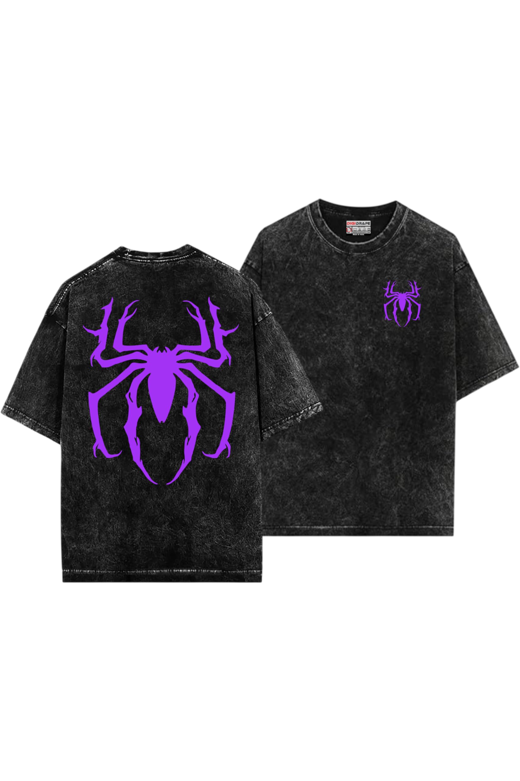 Purple Spider Graphic Oversized T-Shirt, Acid Wash Black, Front and Back Print-image-21