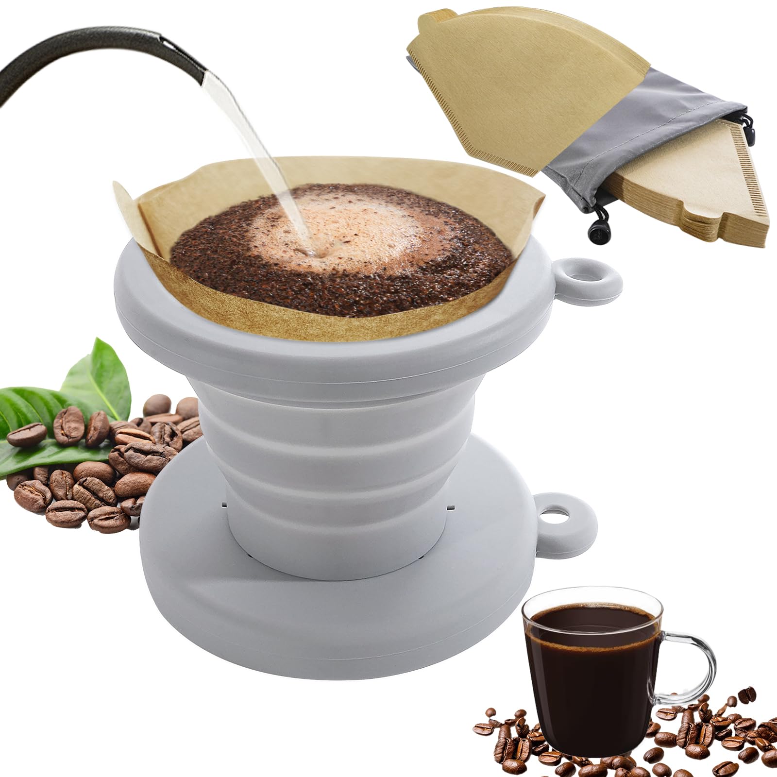 Filtre à Café Pliable En Silicone Avec 80 Papiers Filtres Et Couvercle - Portable Camping