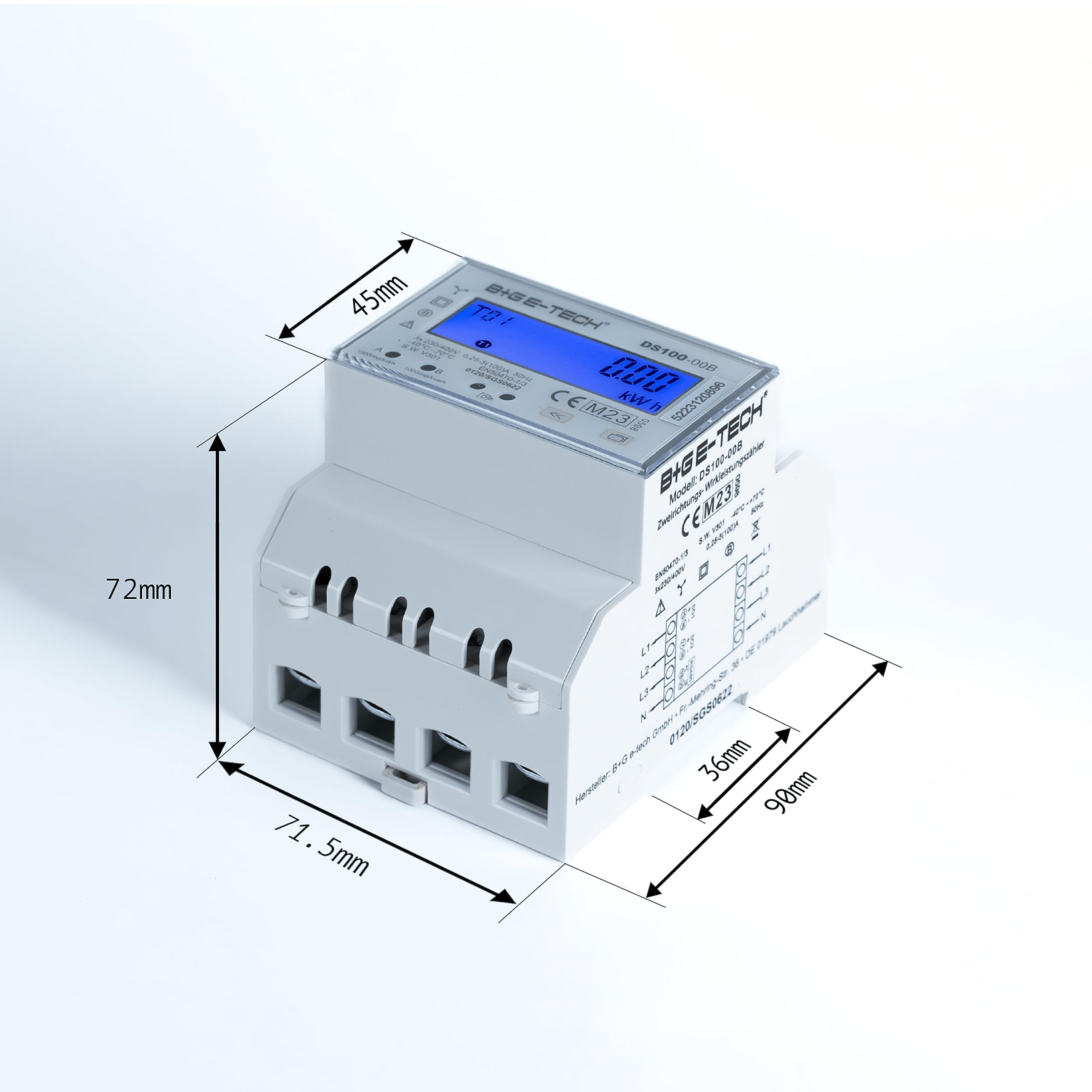 Drehstromzähler DS100-00B MID 25 digitaler 3 Phasen Zweirichtungs Stromzähler Hutschiene 4TE LCD RS485 Modbus RTU S0 Impuls MID geeicht 100A direkt