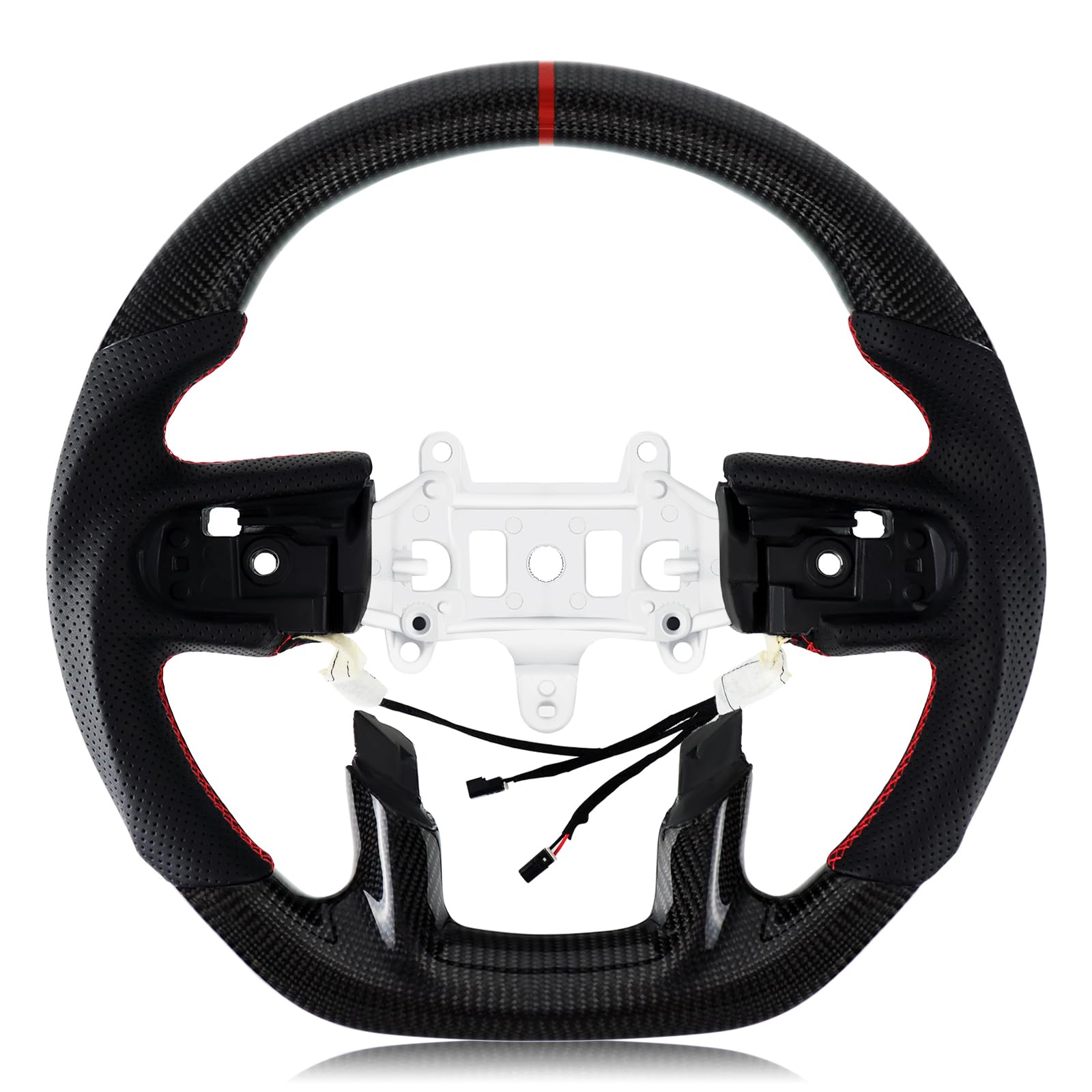 Real Carbon Fiber Steering Wheel D-shaped With Heating functionNappa Perforated Leather Flat-bottom Steering Wheel For Dodge RAM 1500 2018-2024 -Without paddle holes