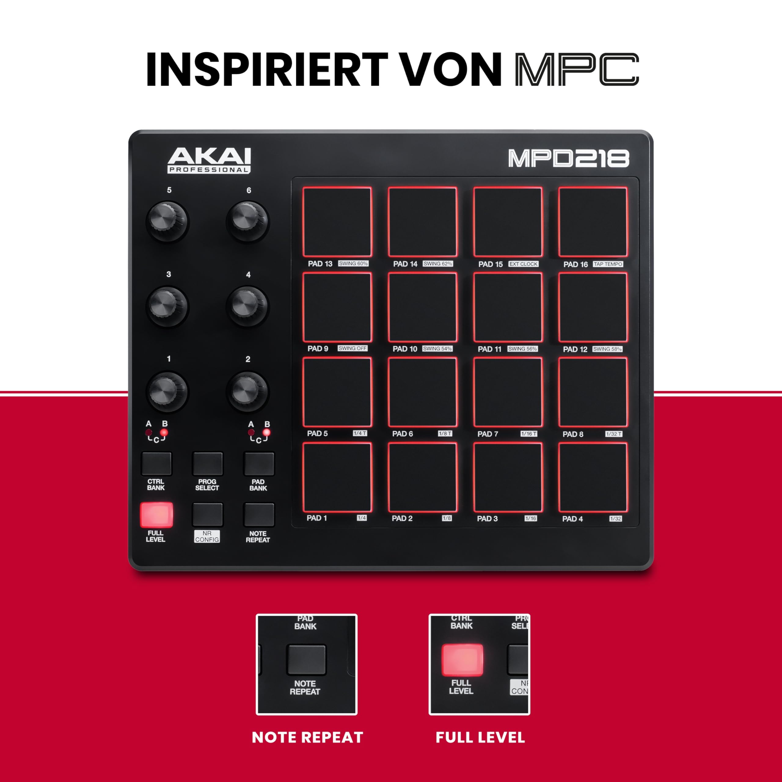 Akai Professional MPD218 - MIDI Pad Controller, Drum Pad Machine, Beat Maker mit 16 Pads, Zuweisbaren Reglern, Produktionssoftware Inklusive