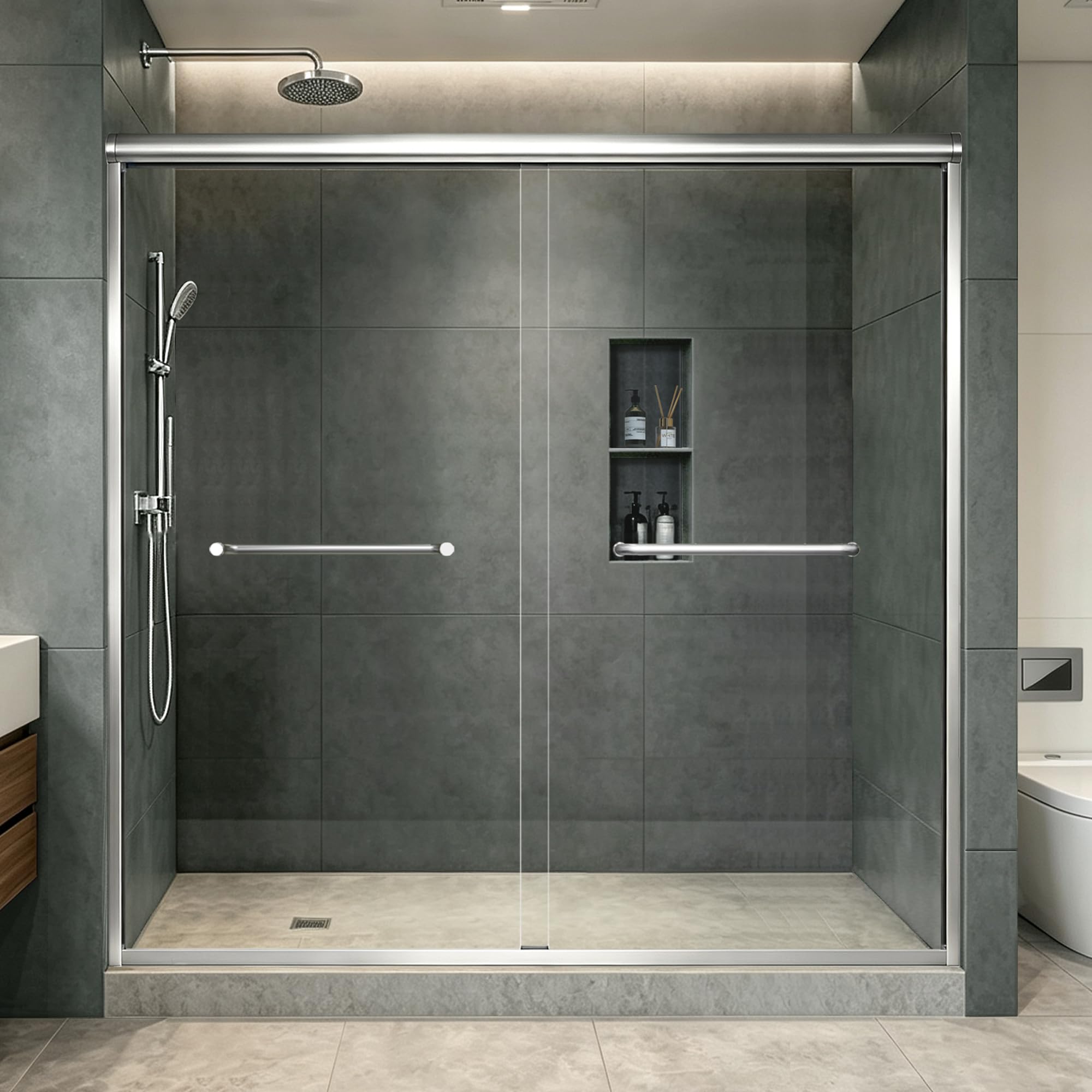 Double Sliding Shower Door 67-67-72" W x 70" H, Chrome Finish, Bypass Shower Door, Clear Glass, Framed, 1/4" (6mm) Tempered Glass