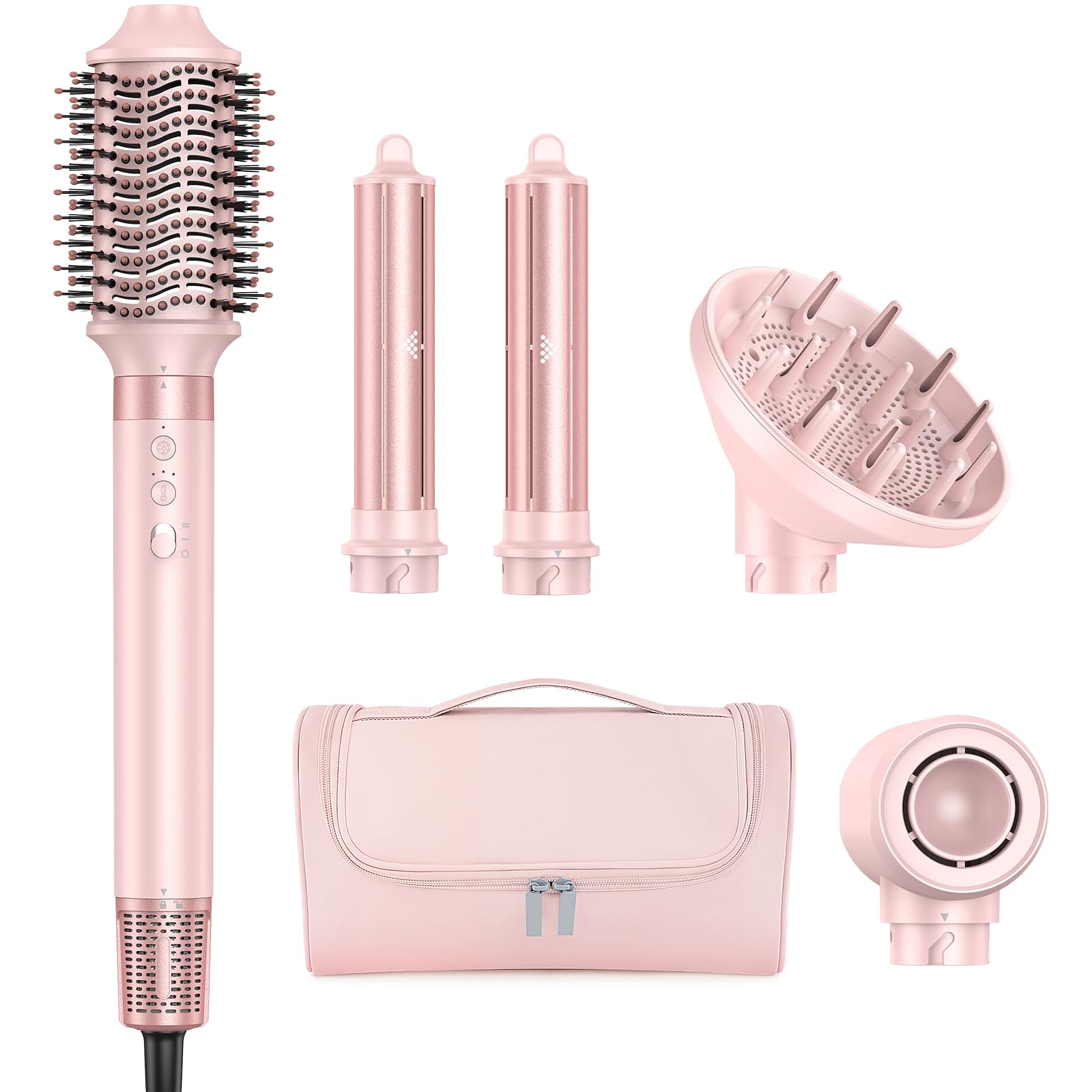 MESCOMB 5 in 1 Hair Styler - Professional Hot Air Styler for Fast Drying, Curl, Wave, Volumize, No Heat Damage Frizz-Free Hair Dryer Brush with Diffuser, Auto-Wrap Curlers with Travel & Storage Bag