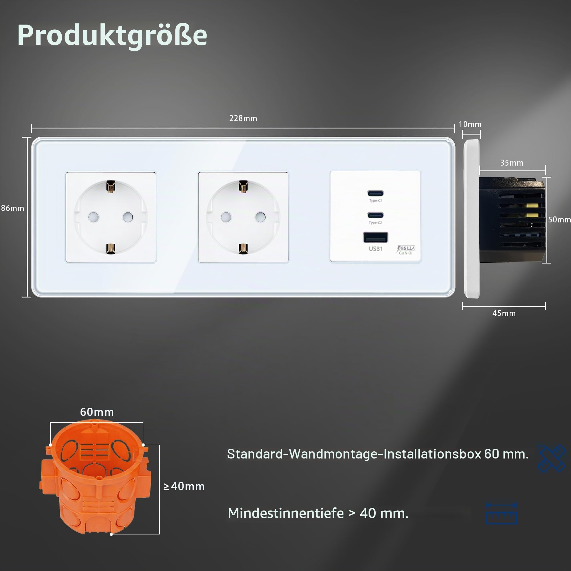 TAWOIA Schuko Steckdose Mit 65W Type C und USB Schnelllade Schnittstelle für Mobiltelefone, Tablets und Laptops,2 Fach Unterputz Mit 2,5D Curved Glas Platte, Wandsteckdosen Weiß 86 * 228mm