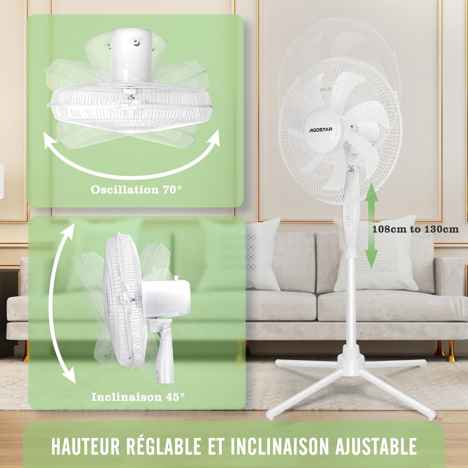 Aigostar Ventilateur sur Pied, 3 Vitesses, 7 Pales, Oscillation 75°, Stable et Silencieux, Hauteur réglable 108-125cm, 50W, Blanc - Erika