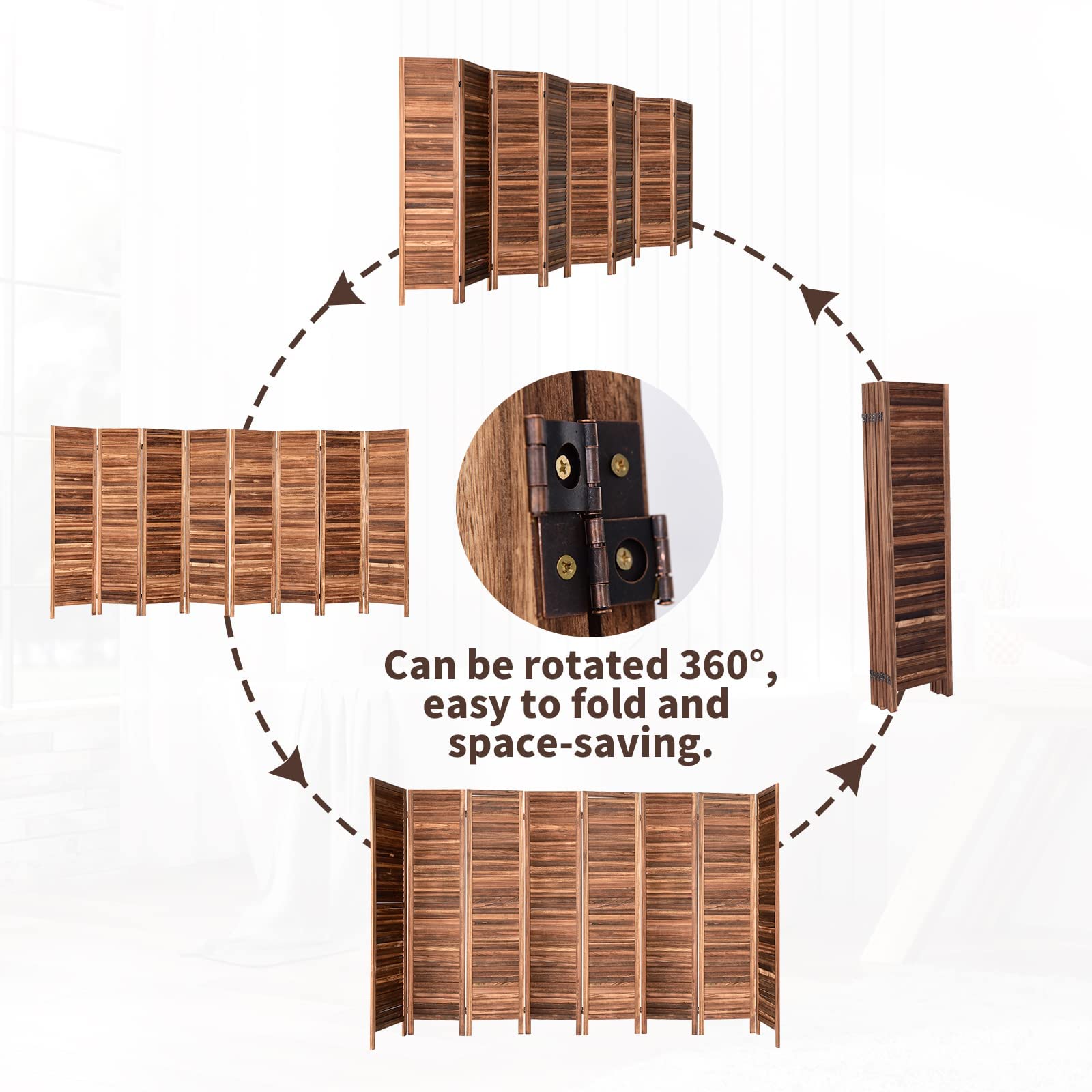 WISSMIELS 8 Panels Room Divider 5.6 FT Tall 16" Wide Wooden Privacy Screen Panel Freestanding Folding Partition Wall Dividers Screen for Home Office Restaurant Bedroom Church Conference,Brown