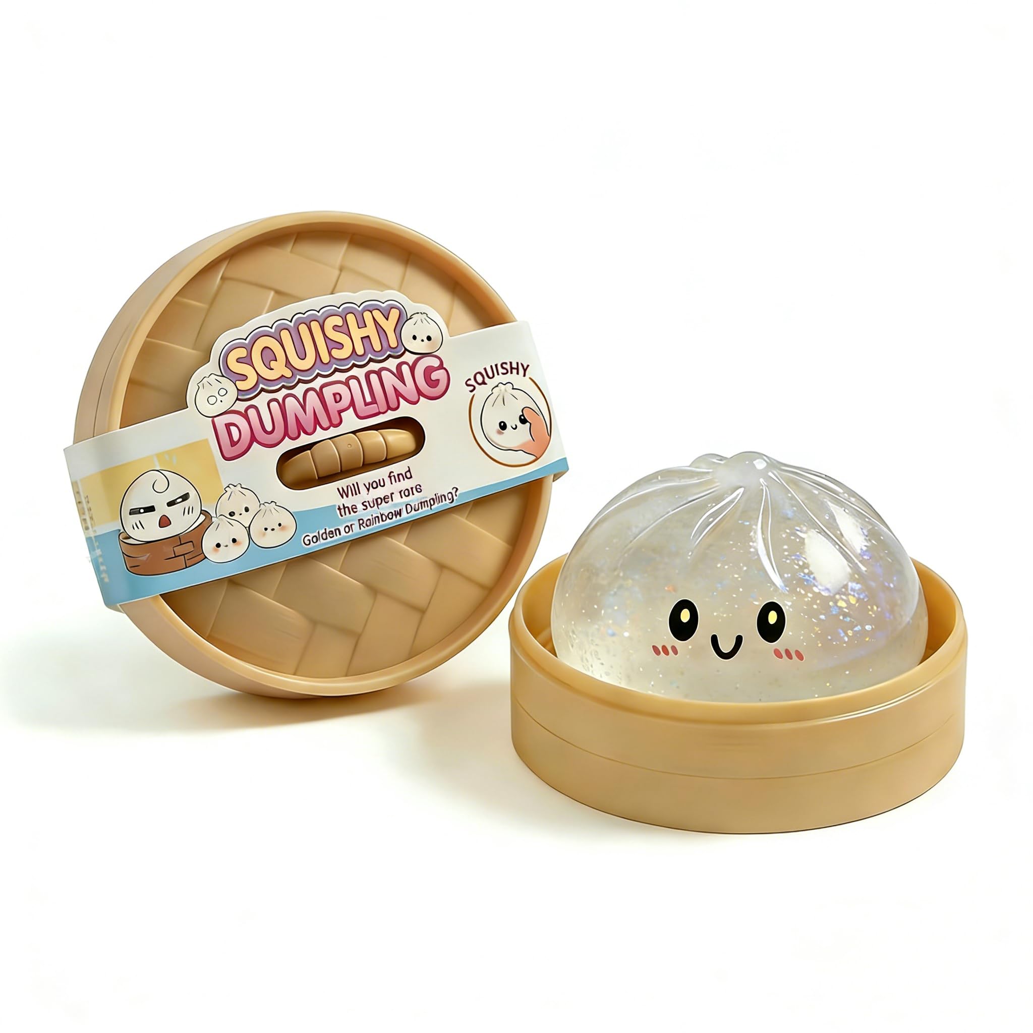 ELRK Dumpling Squishies Glitter Mystery Box, Colorful Dumpling Stress Balls Fidget Sensory Toys, Easter Basket Stuffers & Stocking Stuffers, Stretchy Desk Toys with Food Steamer (Glitter White)
