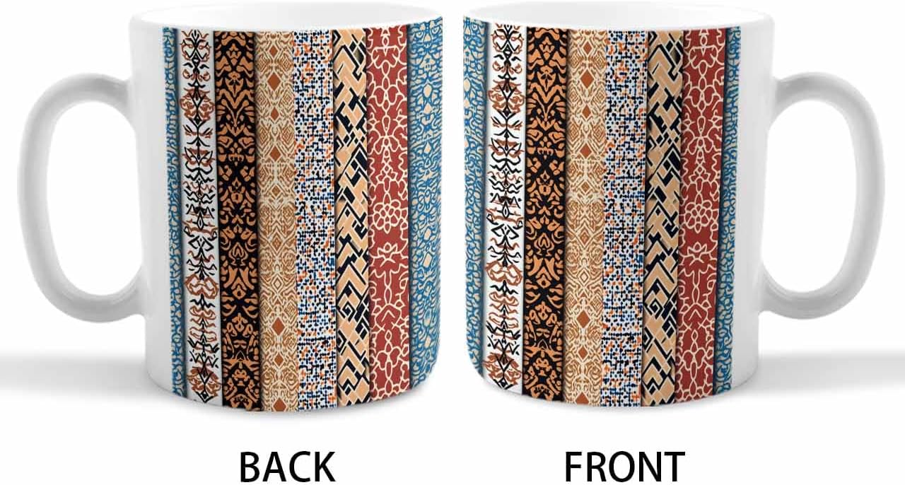 BEMIGO Ceramic Coffee Mug Ethnic Retro Floral Ceramic Mug White Cup, Boho Stitching Stripe Insulated Coffee Cup with Handle with Pattern Perfect for Tea and Hot Beverages, 12oz