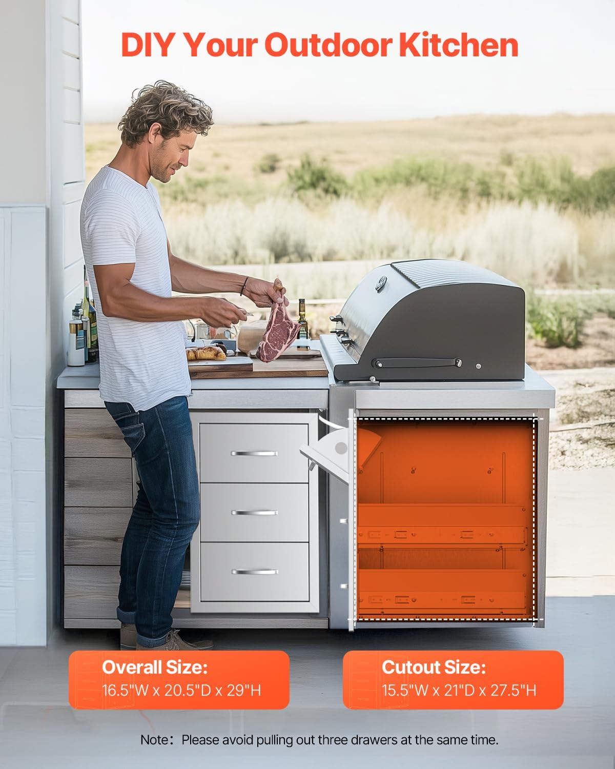 VEVOR Outdoor Kitchen Drawers, 16.5" W x 29" H x 20.5" D Triple Access Drawers, Stainless Steel Flush Mount Cabinets, BBQ Island Storage with Paper Towel Holder & Handle, for Patio Grill Station