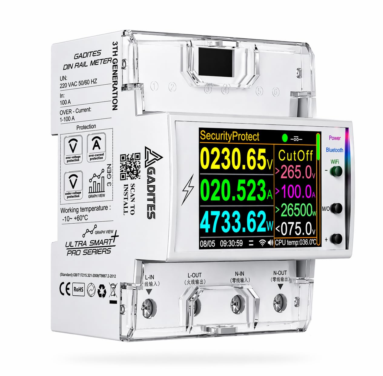 GADITES 2Th Generation Latest 12 in 1 100A Digital Energy Meter Frequency Active Power Factor Current Ampere Voltage protector Wifi Energy Meter HD IPS LED DISPLAY, White-image-26