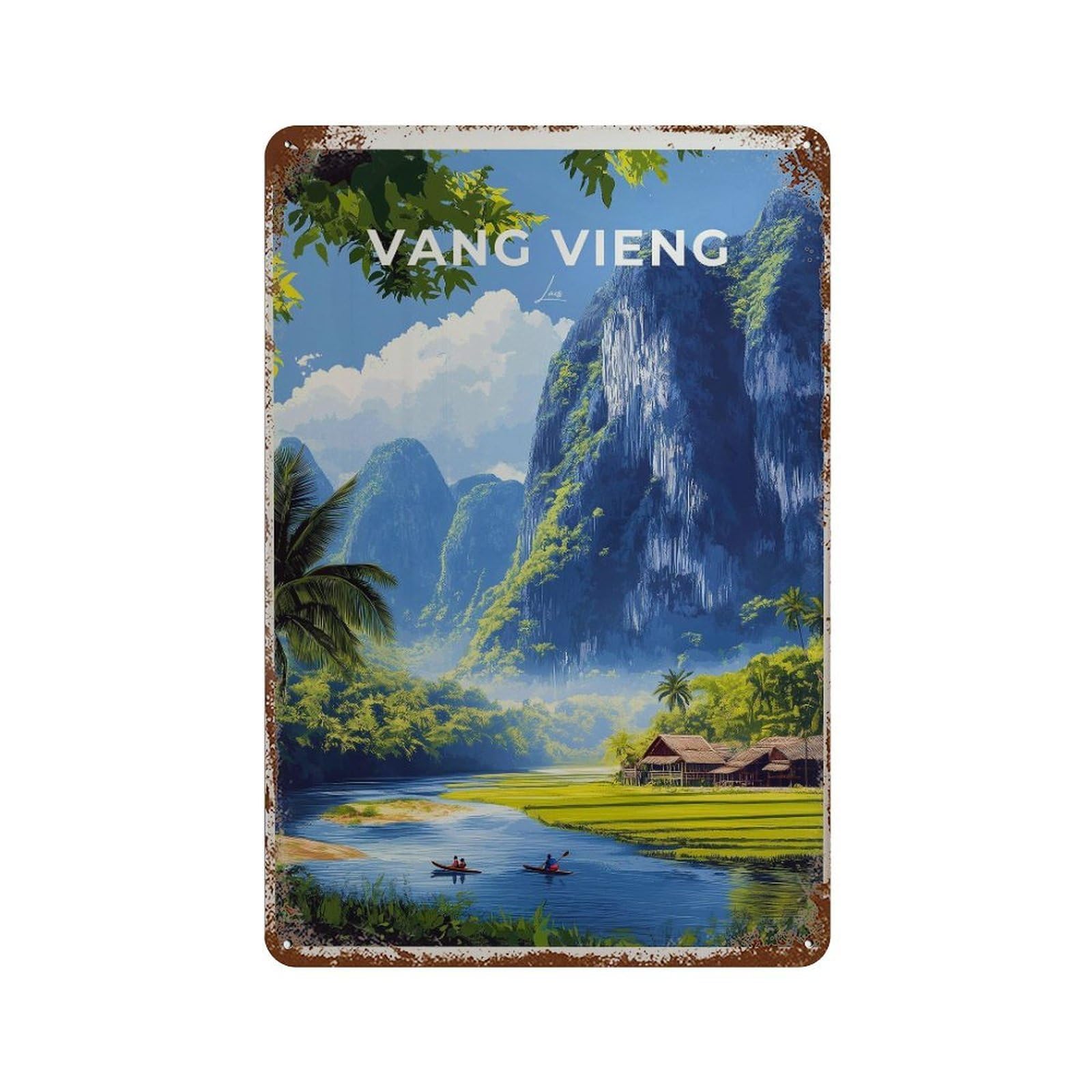 xiaoxiaoshen Vang Vieng Laos Travel Mountain Landscape Wall Decor Art Metal Tin Poster Modern Home Decor Art Home Bar Shop Decorations Vintage Sign 30x20cm