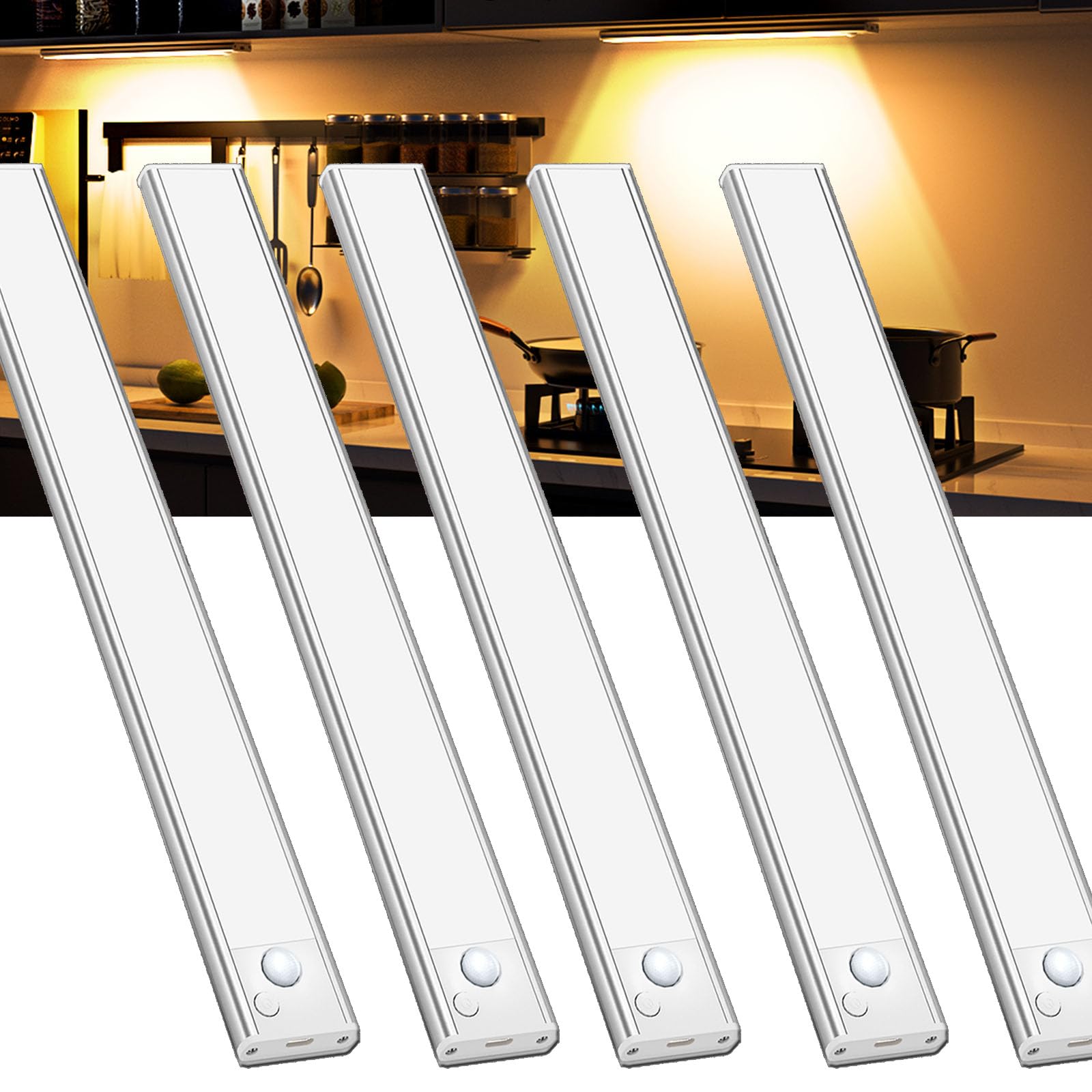 Unterbauleuchte Küche Led Schrankbeleuchtung Bewegungsmelder - Warmweiß 5 Stück 20 CM Licht USB Aufladbar Innen Batterie Aufladbar Led Schrank Leiste Lampe für Kleiderschrank Unterschrank Küchen