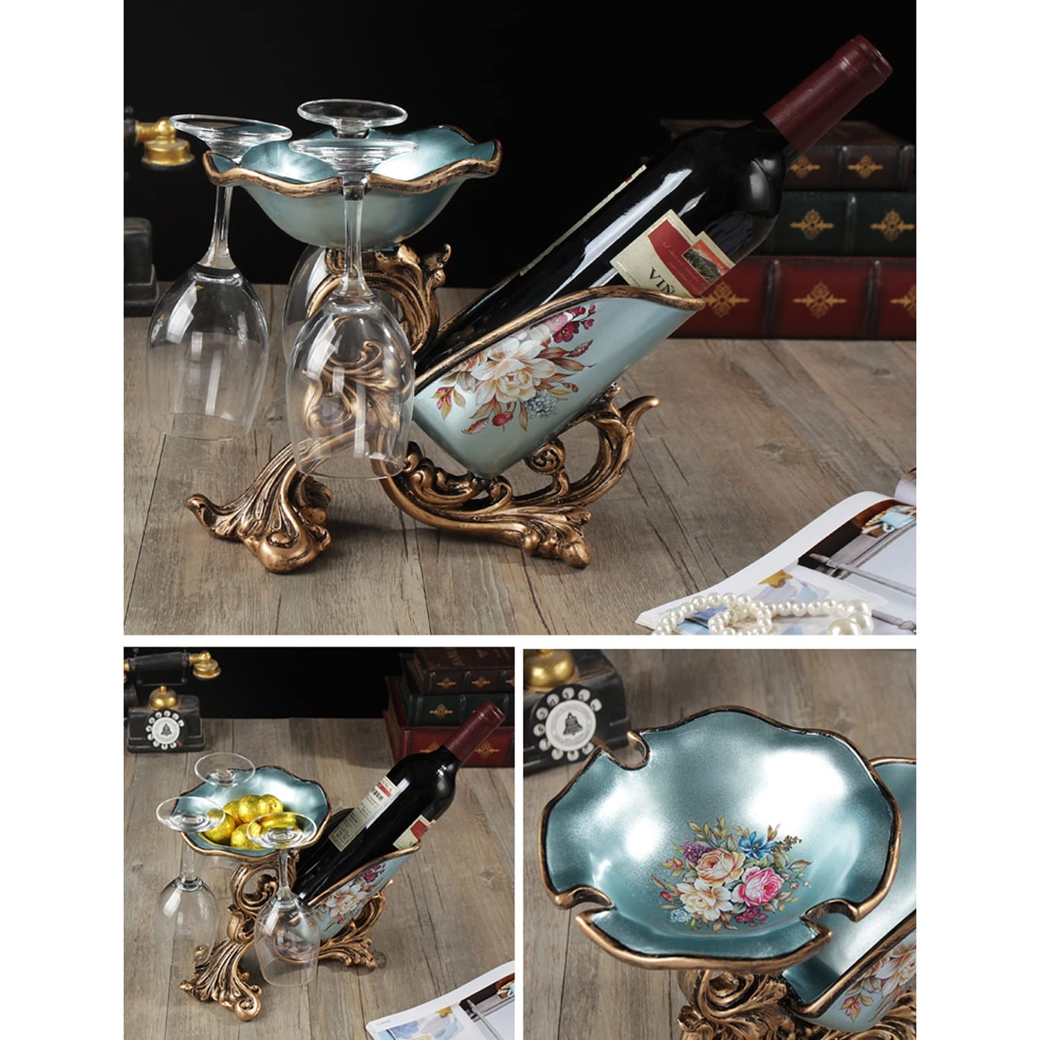 Soporte para Botellas de Vino de Lujo, Soporte para Vino de Resina con 3 Agujeros para Colgar Copas, decoración de Adorno de decoración de Mesa de Gama Alta (A)