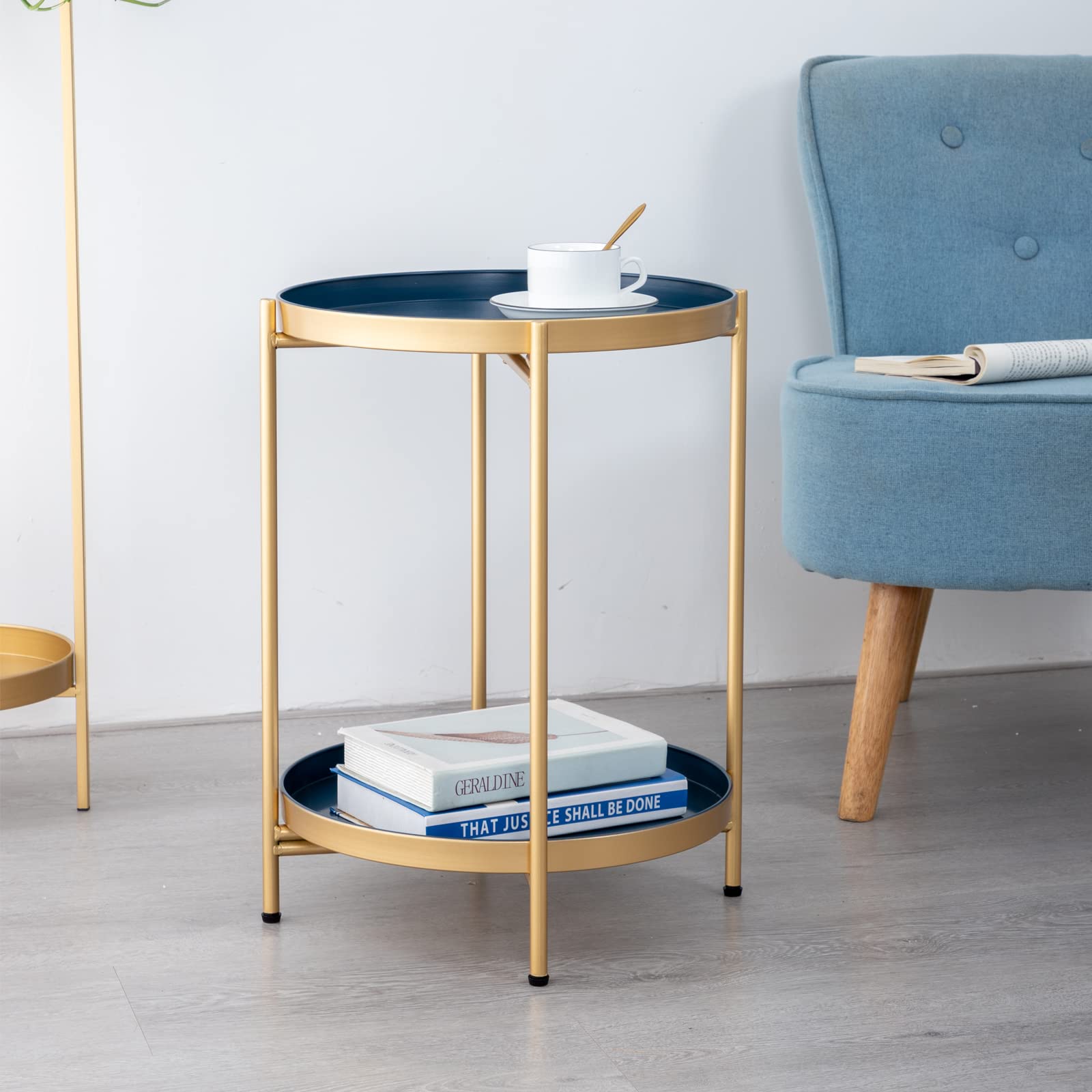 GoldBlue 2-Tier Round Metal Side Table Removable Tray, Small Accent Table/Nightstand, Circle Coffee Table Indoor/Outdoor, Sofa Side Snack Table, Boho Side Table for Living Room Bedroom