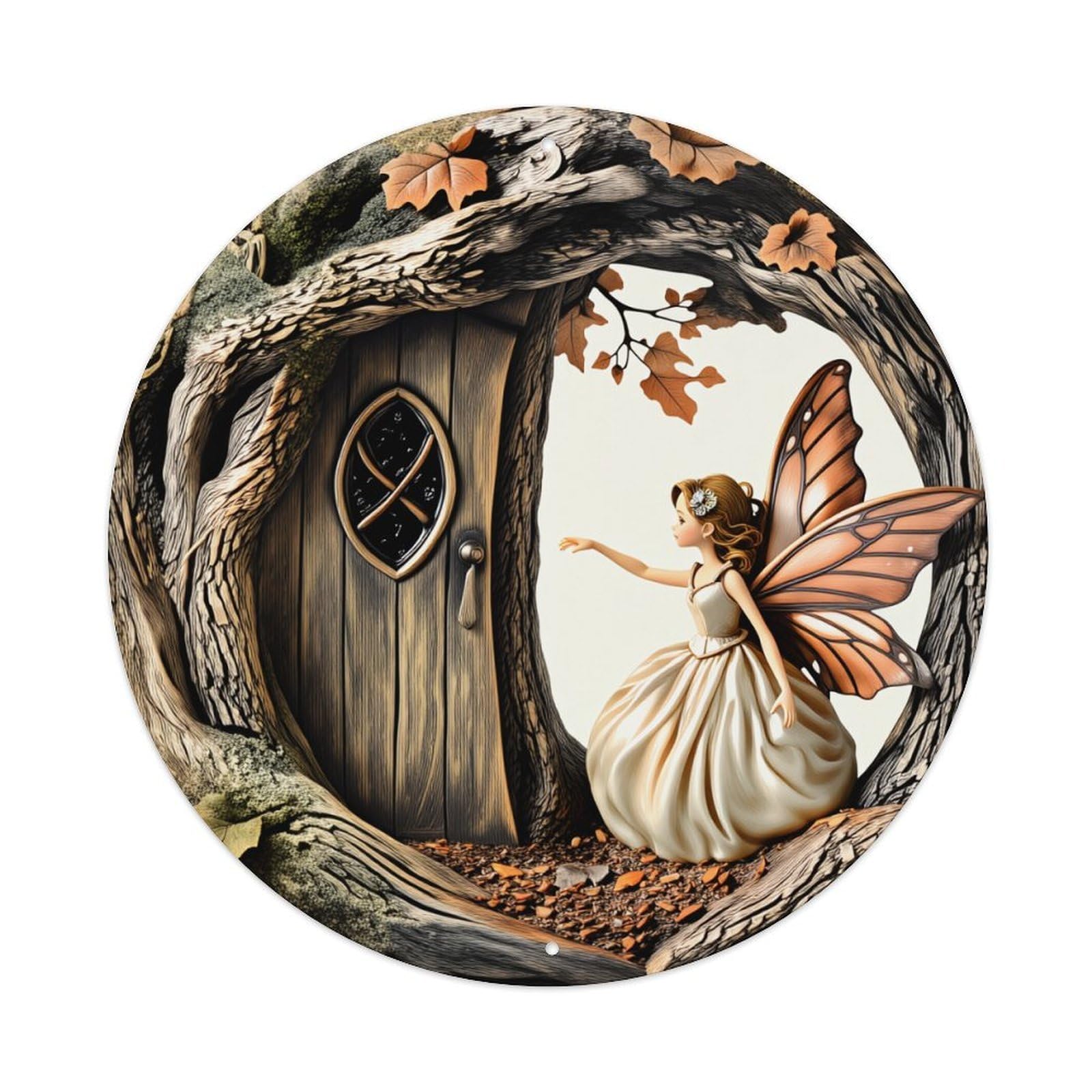 Wmlzdnwr Vintage Fairy Door Tree Trunk Autumn Leaves Wings Dress Round Tin Sign,Retro Wall Art,Metal Poster For Home, Bar, Garage, Cafe, Rustic Indoor & Outdoor Decor, 8X8 Inches