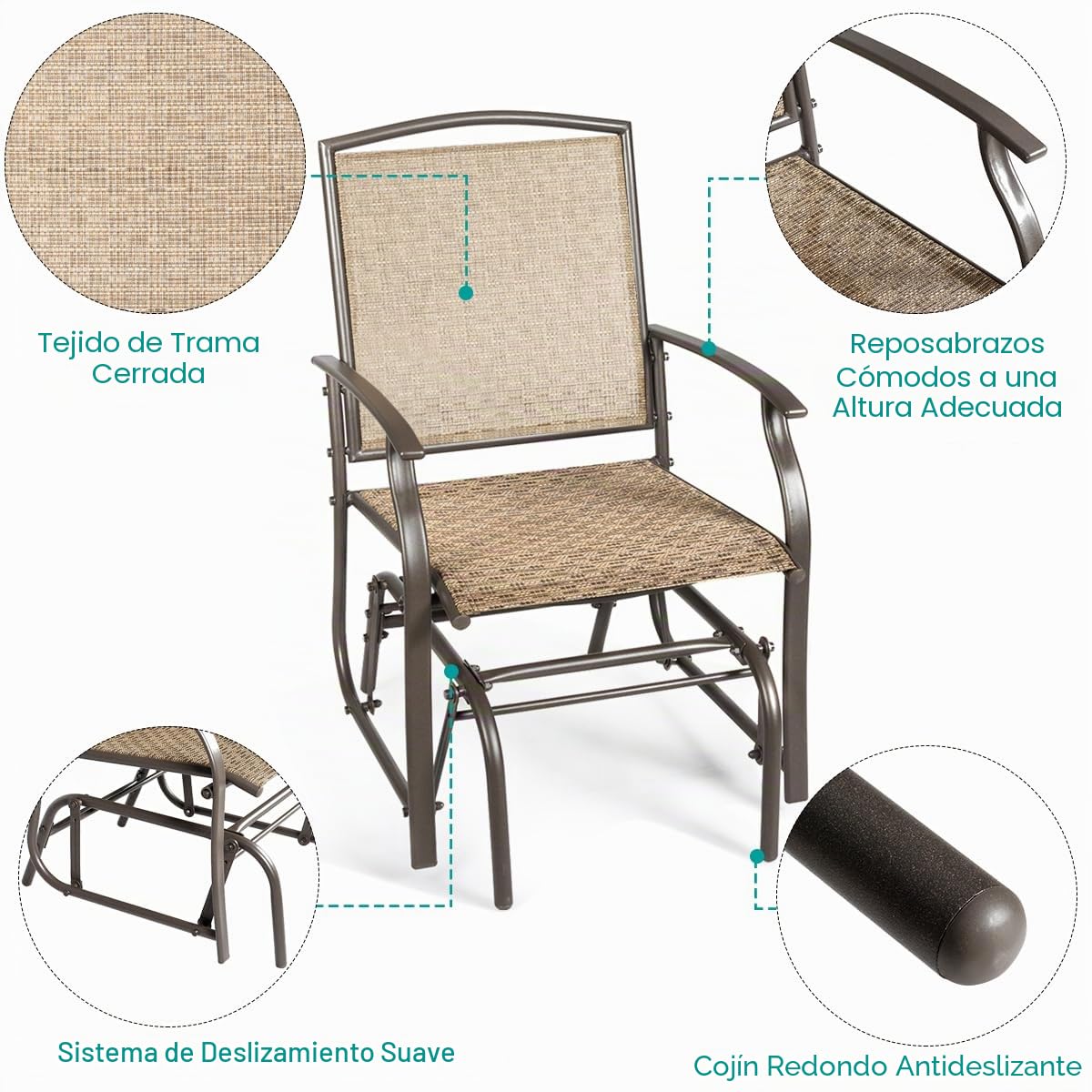 GIANTEX Sillón Mecedora de Exterior con Respaldo y Apoyabrazos Transpirables, Marco de Metal, Diseño Ergonómico para Jardín, Patio, Terraza, Piscina, Carga 150 kg, Marrón