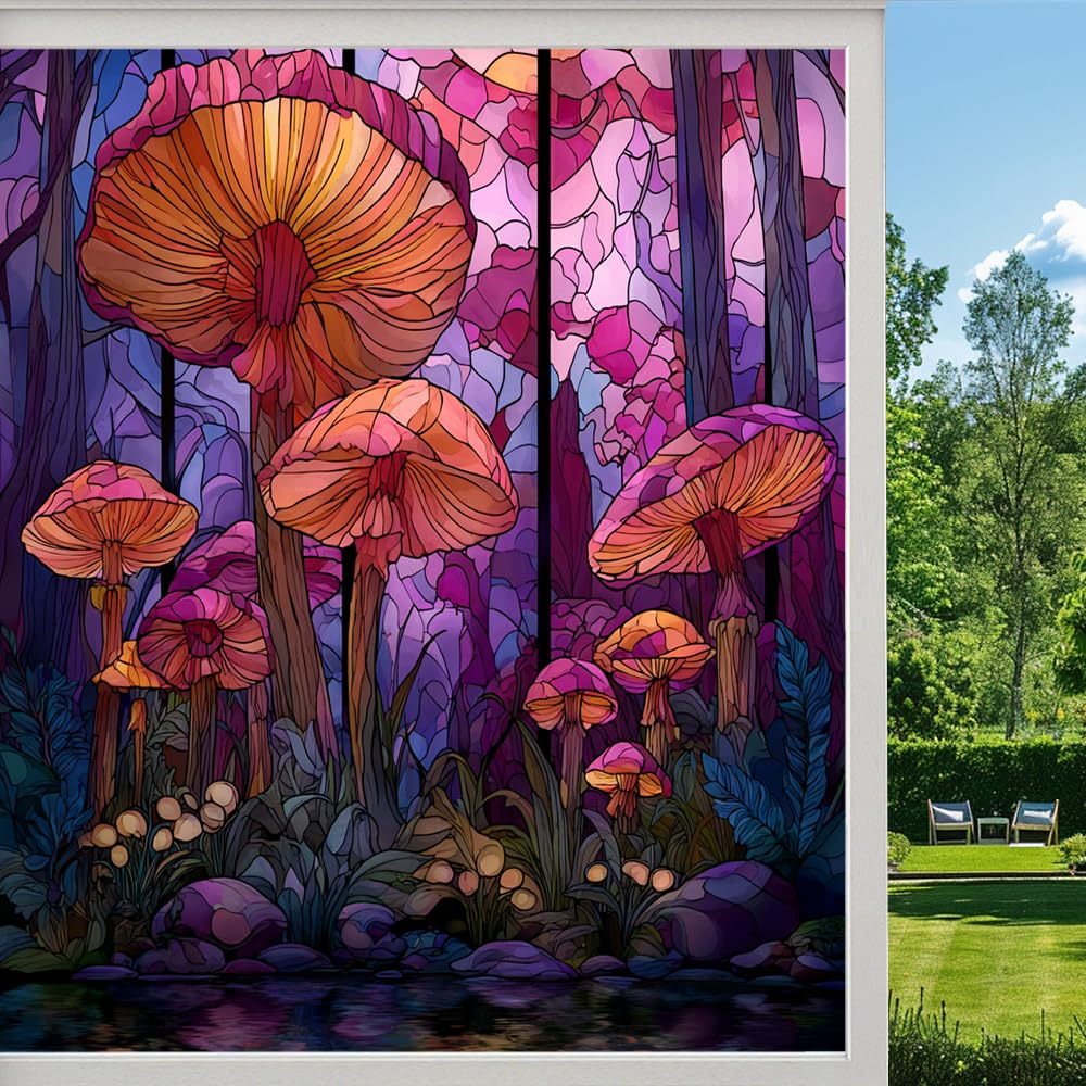 Magical Mushrooms Frosted Window Film, Colorful Forest Plants Stained Glass Privacy Film, Heat Insulation Self-Adhesive Vinyl for Bathroom Office, （90x140cm）