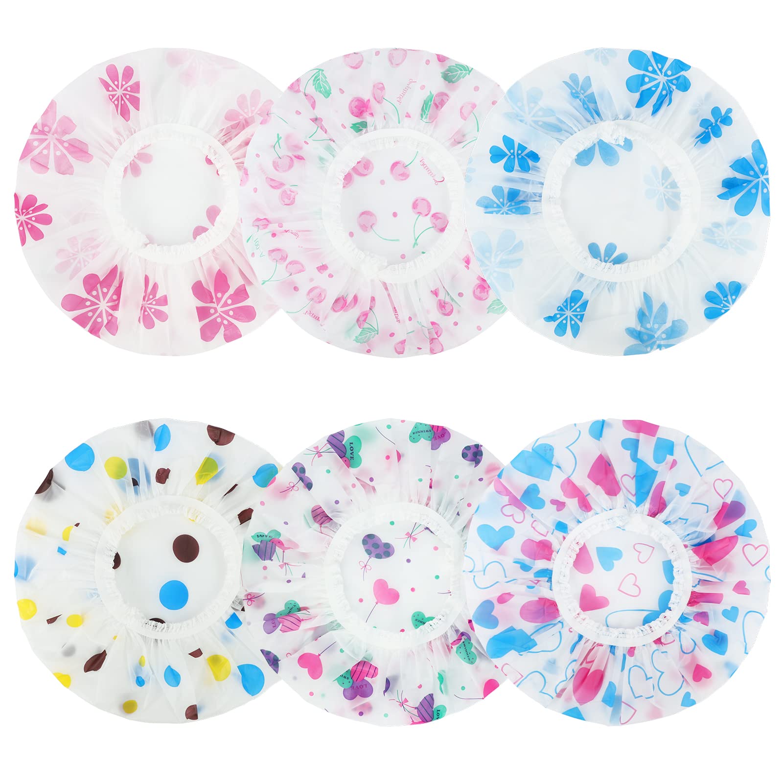 6 Pcs Shower Caps, Waterproof Bath Caps Plastic Reusable Shower Caps Elastic Band Bath Hair Caps for Women Kids