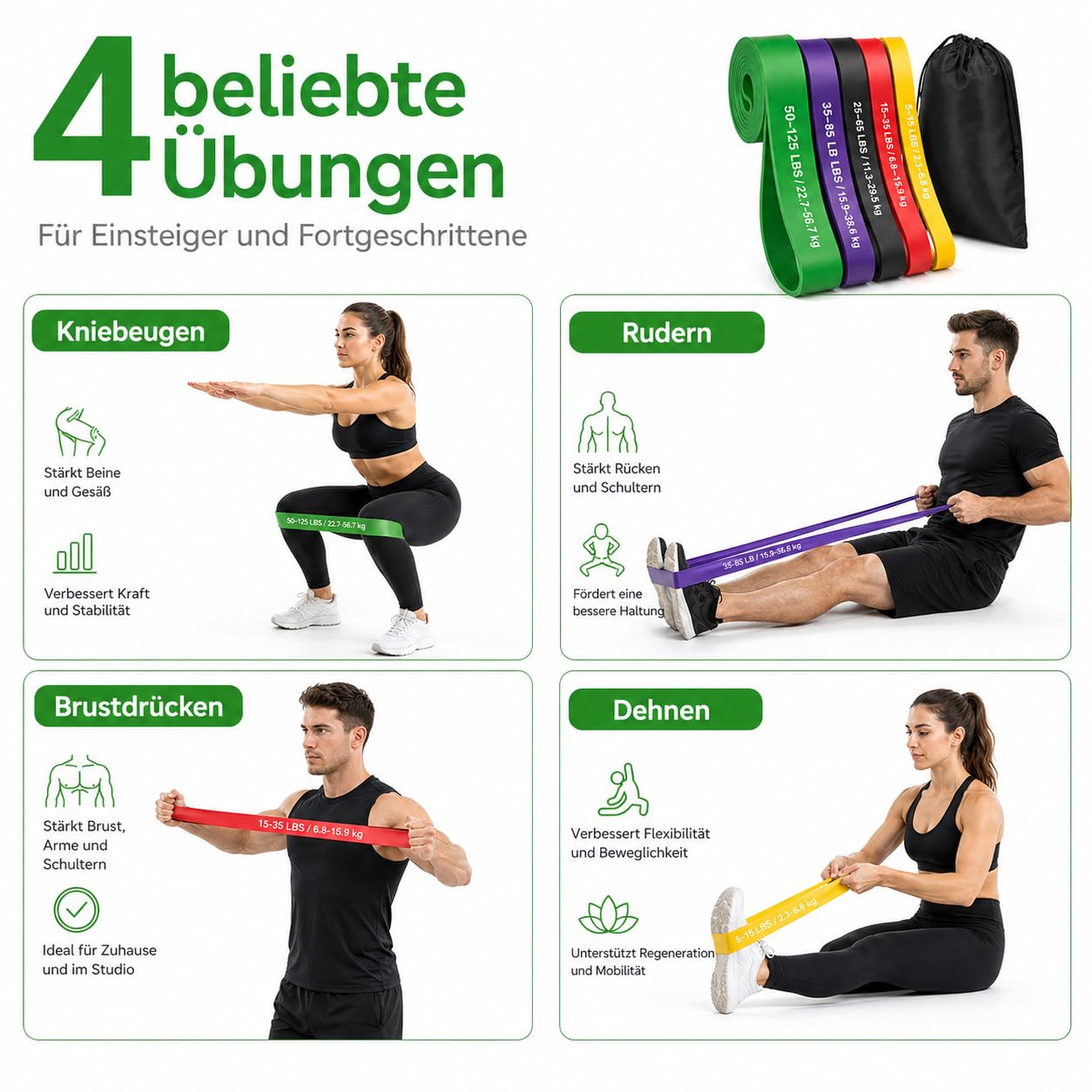 Lot de 12 bandes de résistance pour entraînement de musculation avec ancrage de porte et poignées - Bandes de fitness et de gymnastique pour physiothérapie, yoga, pilates, tractions - Pour homme et