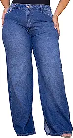 Calça Wide Leg Plus Size, Jeans Premium, Lavagem Média, Cintura Alta, Fenda Lateral