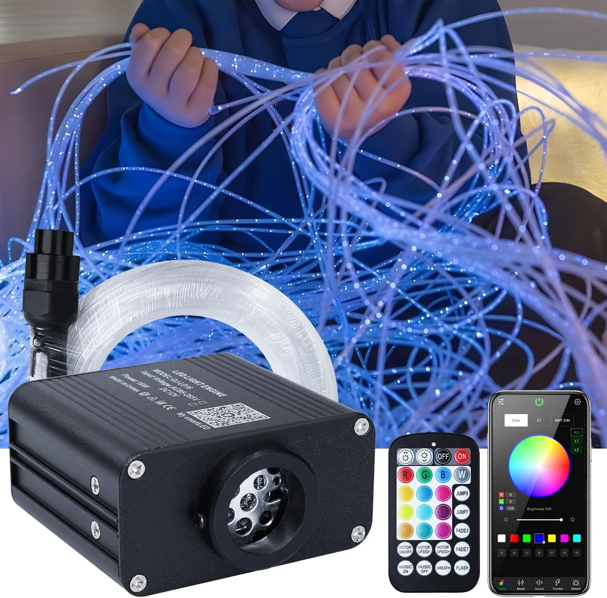 AZIMOM 50pcs 6.5ft Side Glow Fiber Optic Sensory Light for Autism Children Room,16w Twinkle&Sound Activated Light Box,Fiber Optic Curtain 3x0.75mm Flash Point Light Up Cable, H16W-FP