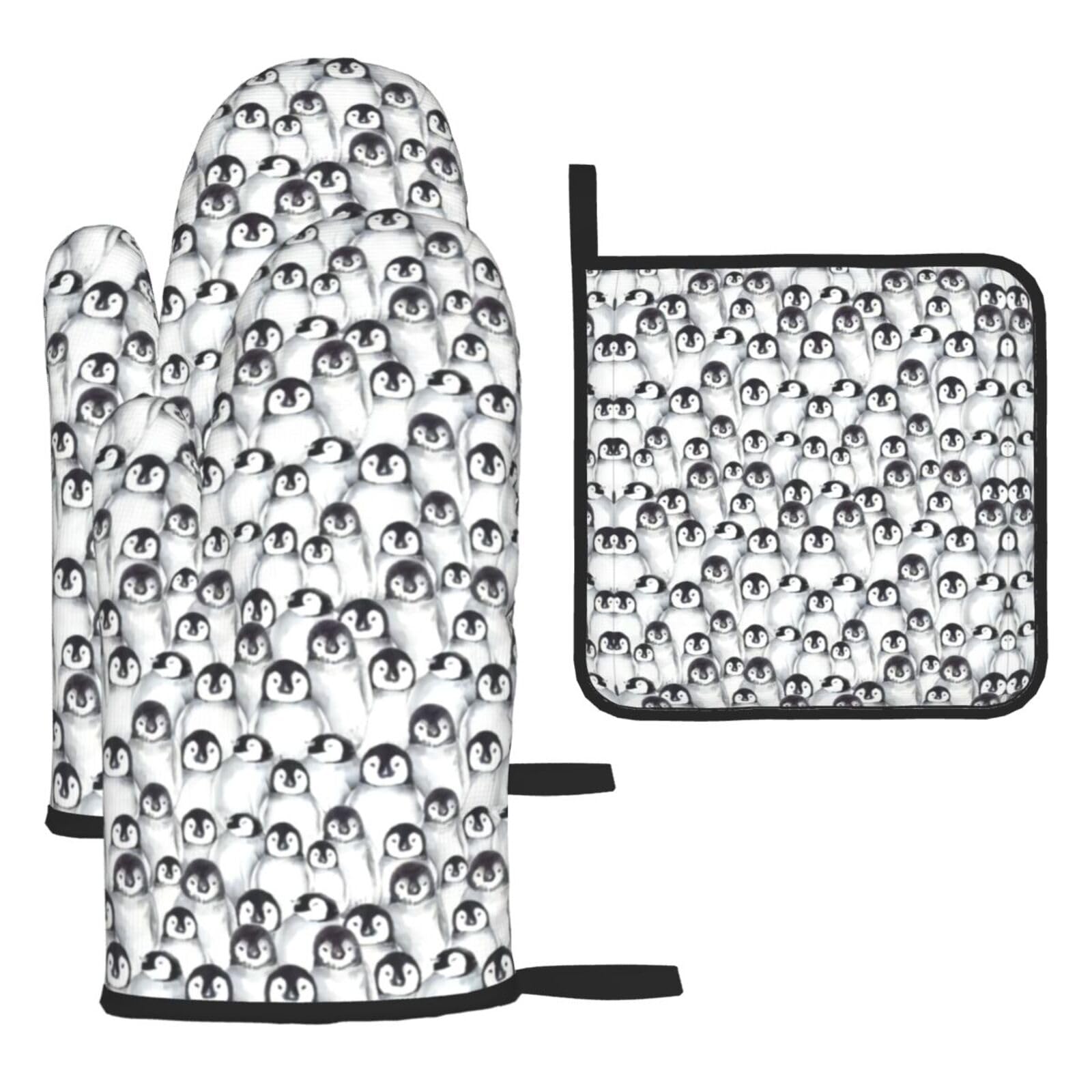 Cute Penguins Sketch 3 Piece Kitchen Oven Mitt Set Heat Resistant Gloves with Pot Holder Mat Polyester Printed for Cooking Baking BBQ Grill