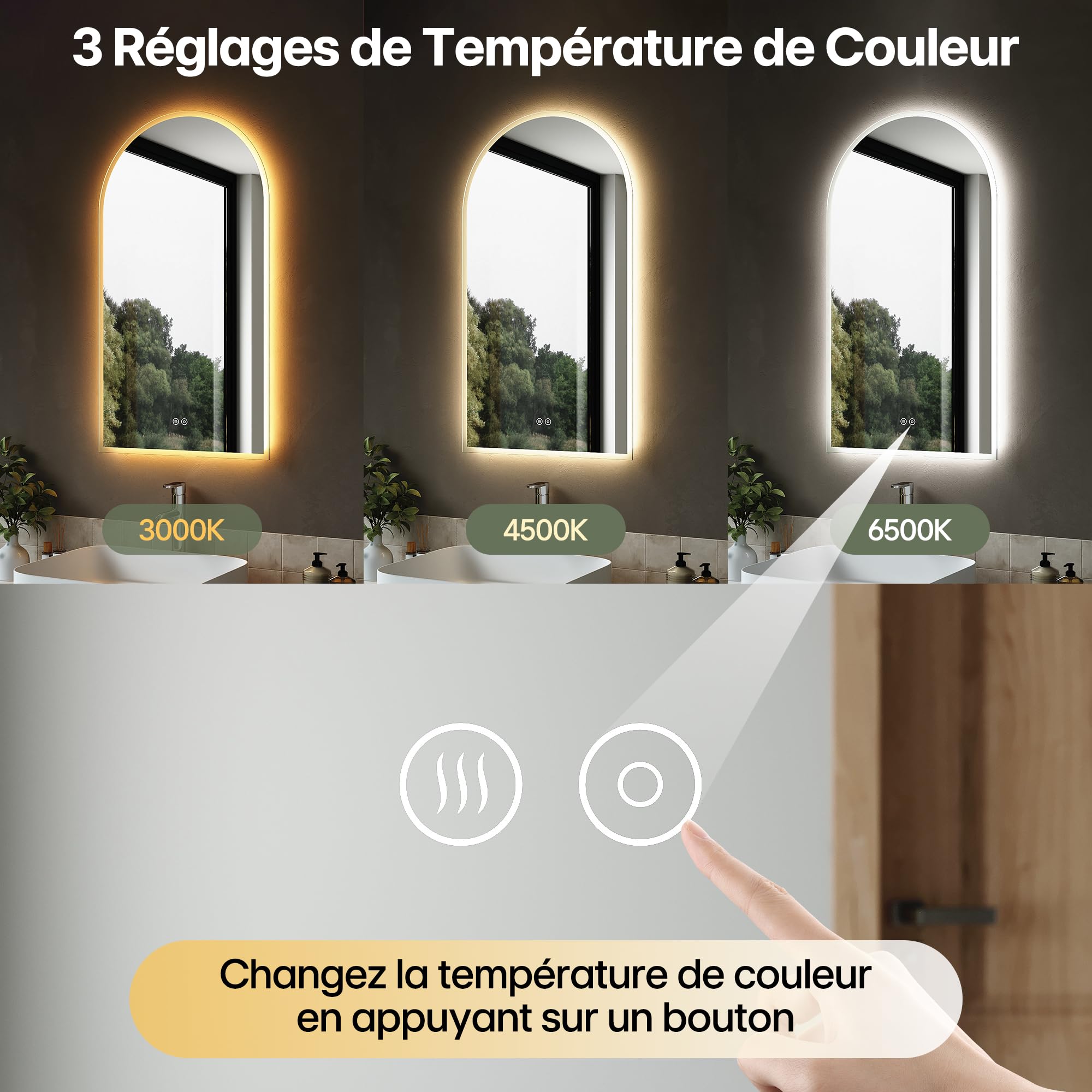 SIRHONA Miroir Salle de Bain Arquée 90x50cm, Dimmable, 3 Couleurs Légères, Anti-buée, Mémoire, IP44, Douille, Mirroir Lumineux Salle de Bain, Horizontal/Vertical